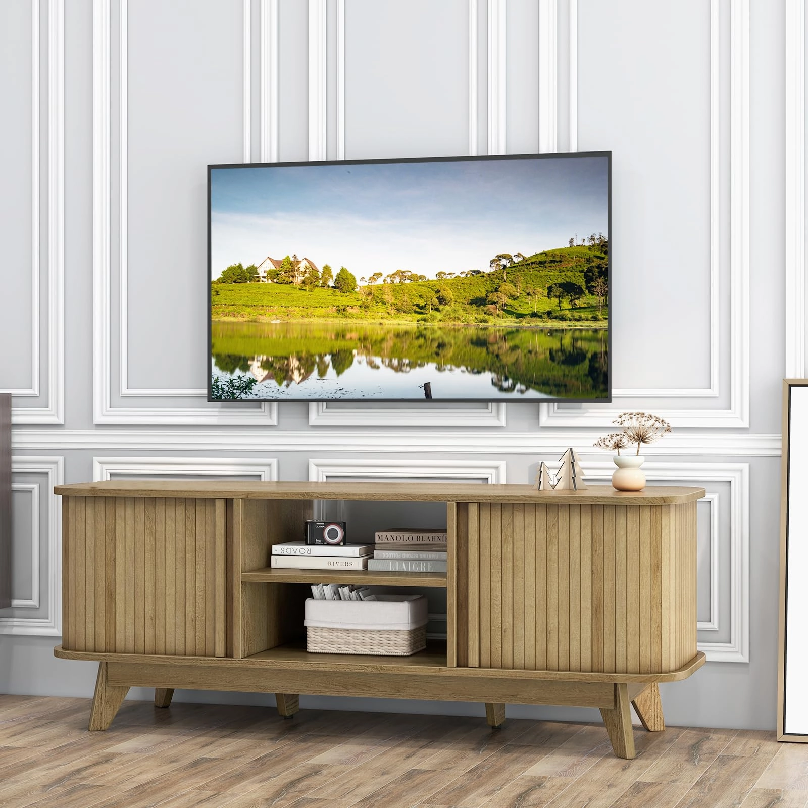 Giantex TV Stand for 55-Inch TV, Entertainment Center with Dual Sliding Doors, Enclosed Cabinets, Adjustable Shelf