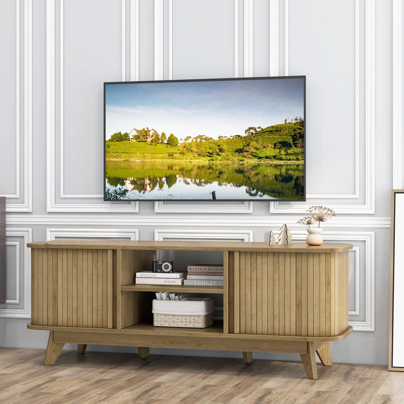 Giantex TV Stand for 55-Inch TV, Entertainment Center with Dual Sliding Doors, Enclosed Cabinets, Adjustable Shelf