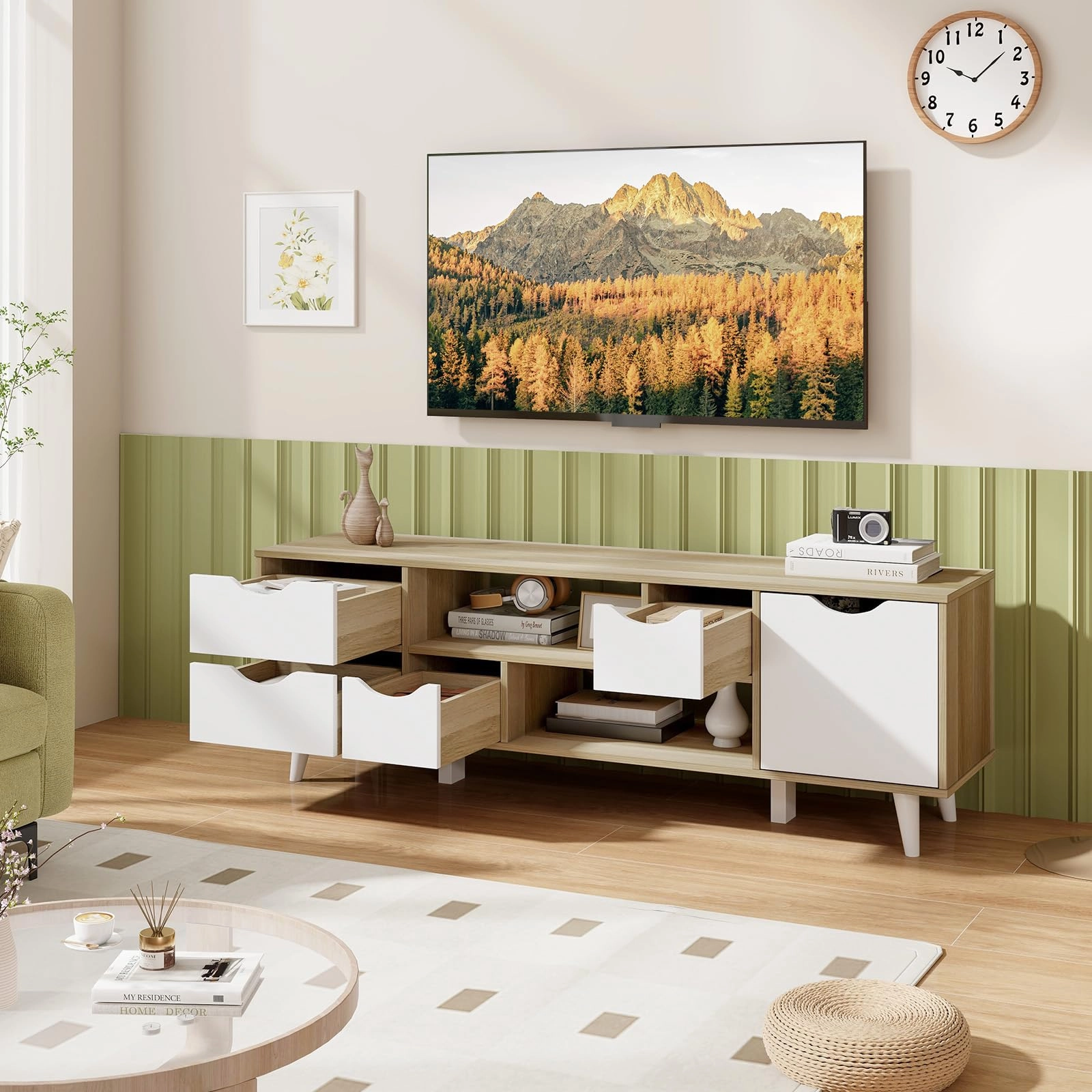 Giantex TV Stand for 55 Inches TVs, Mid Century Modern Entertainment Center with 4 Drawers, 1 Cabinet, Adjustable Shelf, 2 Compartments