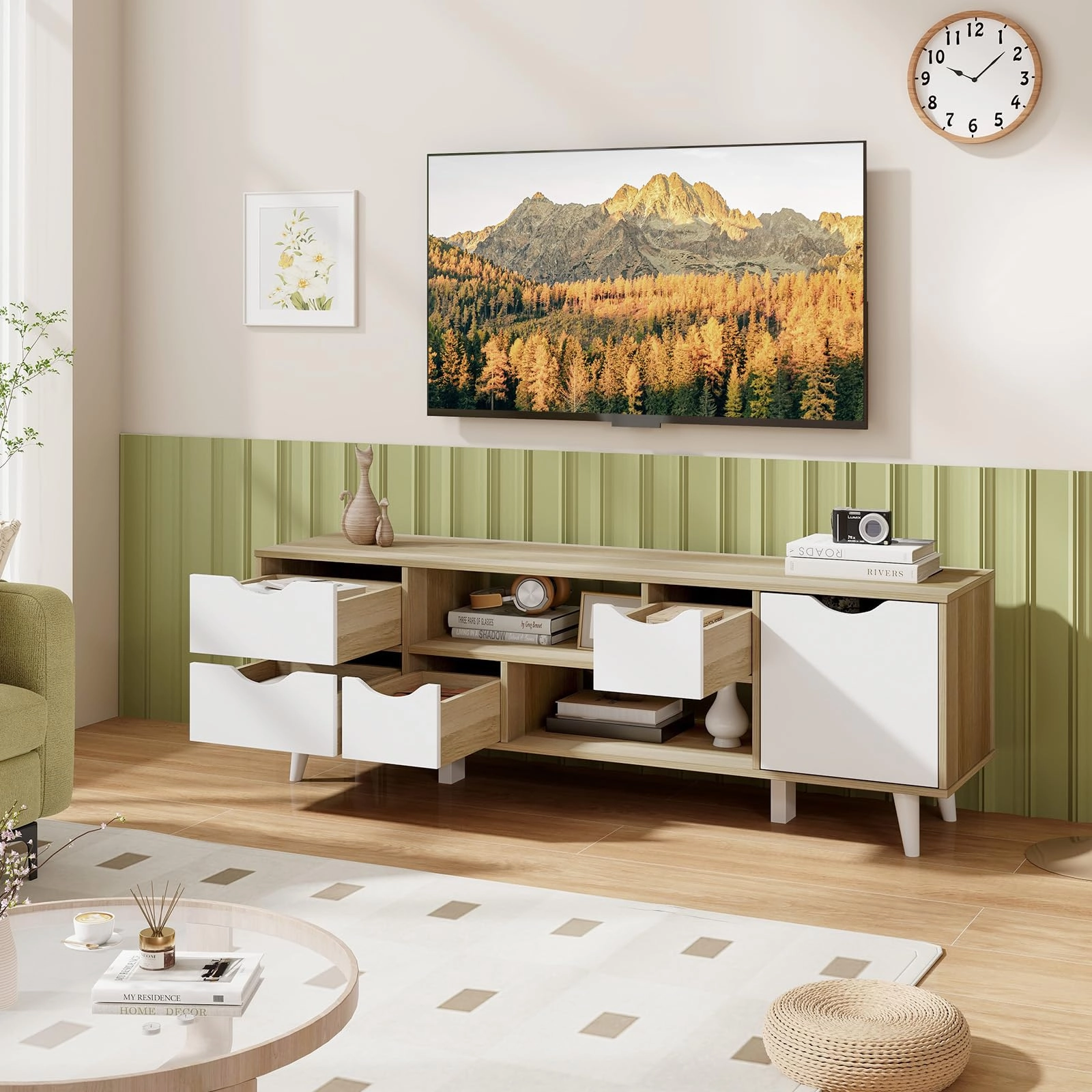 Giantex TV Stand for 55 Inches TVs, Mid Century Modern Entertainment Center with 4 Drawers, 1 Cabinet, Adjustable Shelf, 2 Compartments