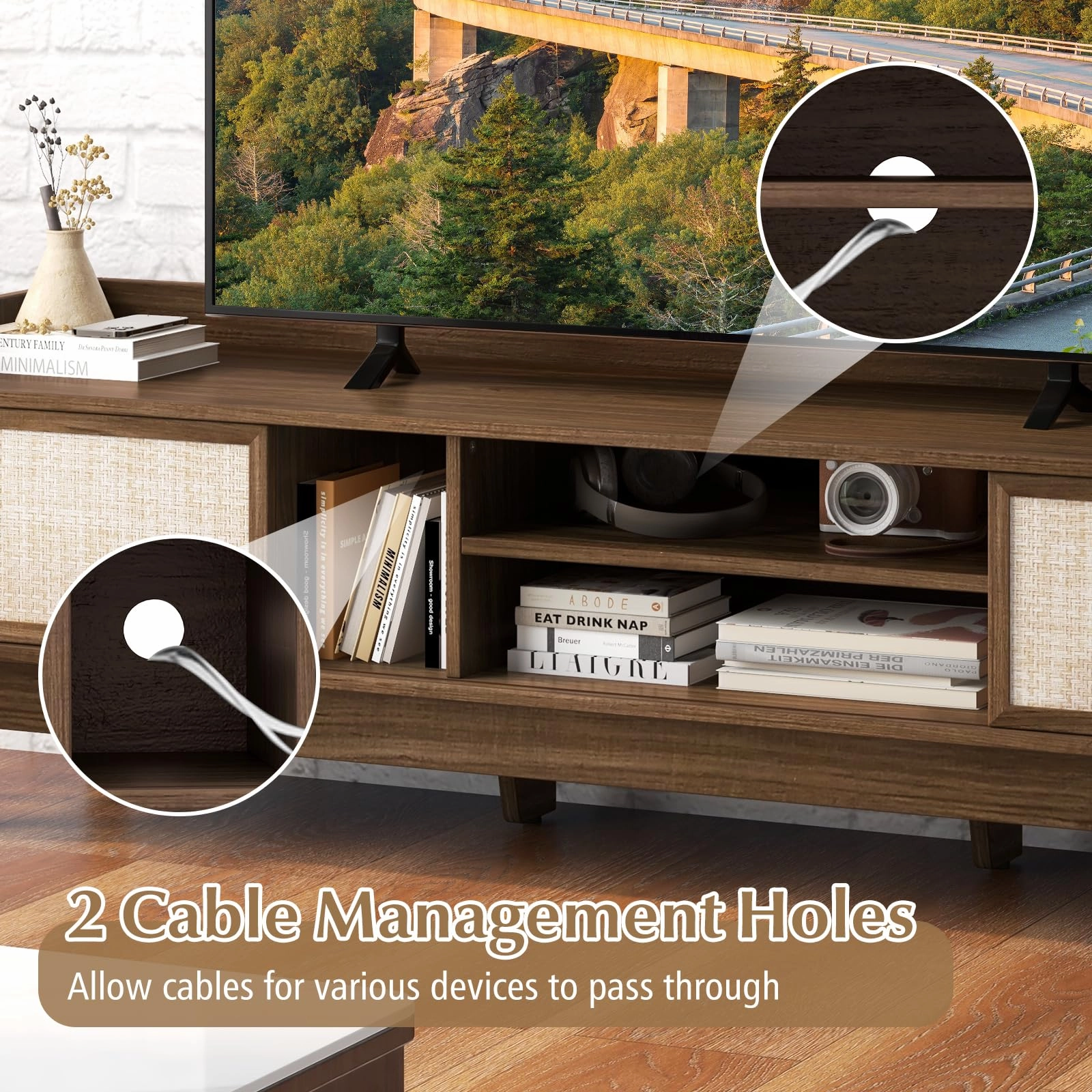 Giantex TV Stand for 65 TV, Entertainment Center with Woven Doors, Sliding Door, Adjustable Shelf & Compartment