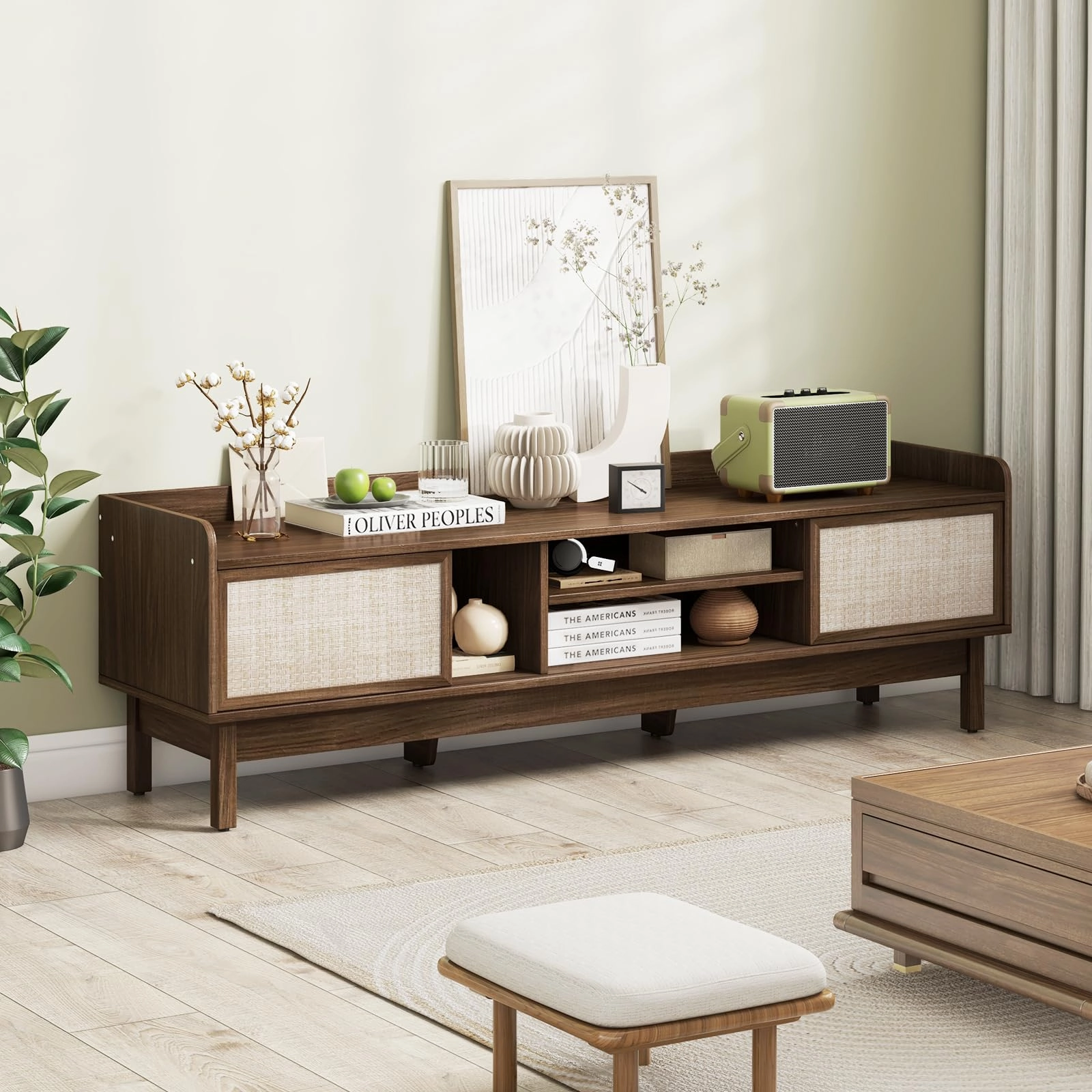 Giantex TV Stand for 65 TV, Entertainment Center with Woven Doors, Sliding Door, Adjustable Shelf & Compartment