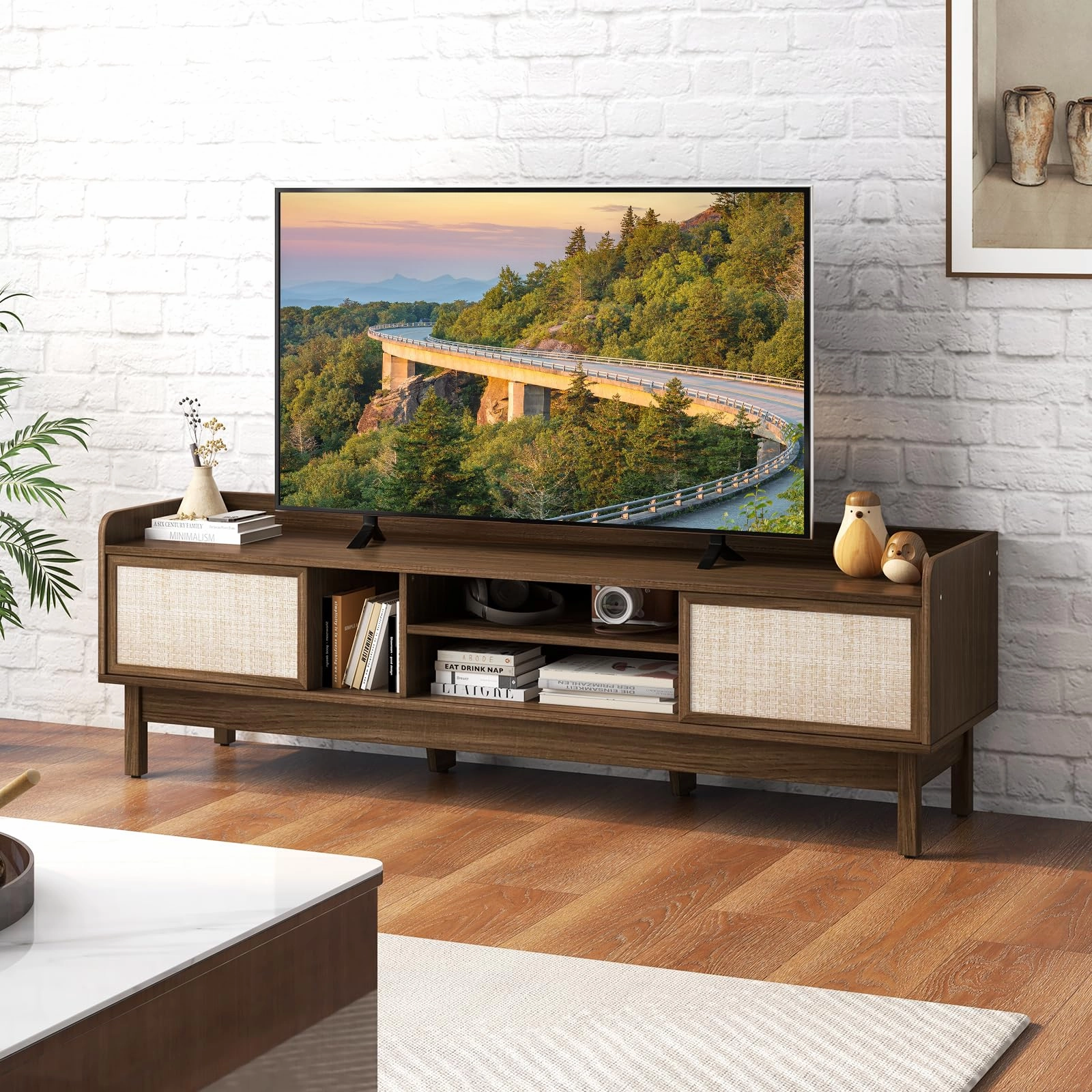 Giantex TV Stand for 65 TV, Entertainment Center with Woven Doors, Sliding Door, Adjustable Shelf & Compartment