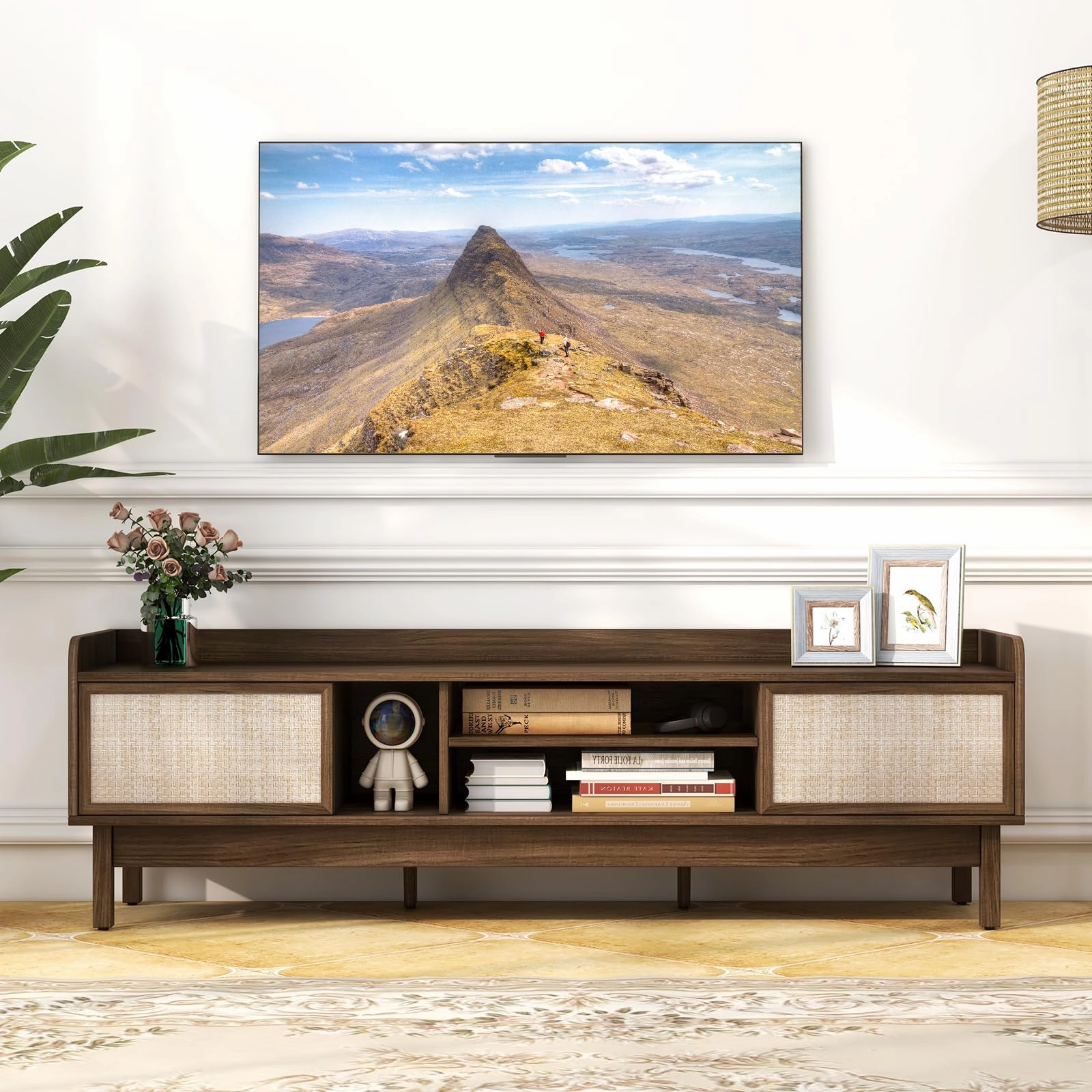 Giantex TV Stand for 65 TV, Entertainment Center with Woven Doors, Sliding Door, Adjustable Shelf & Compartment