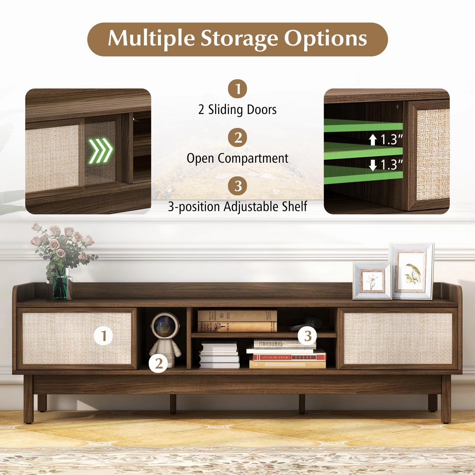 Giantex TV Stand for 65 TV, Entertainment Center with Woven Doors, Sliding Door, Adjustable Shelf & Compartment
