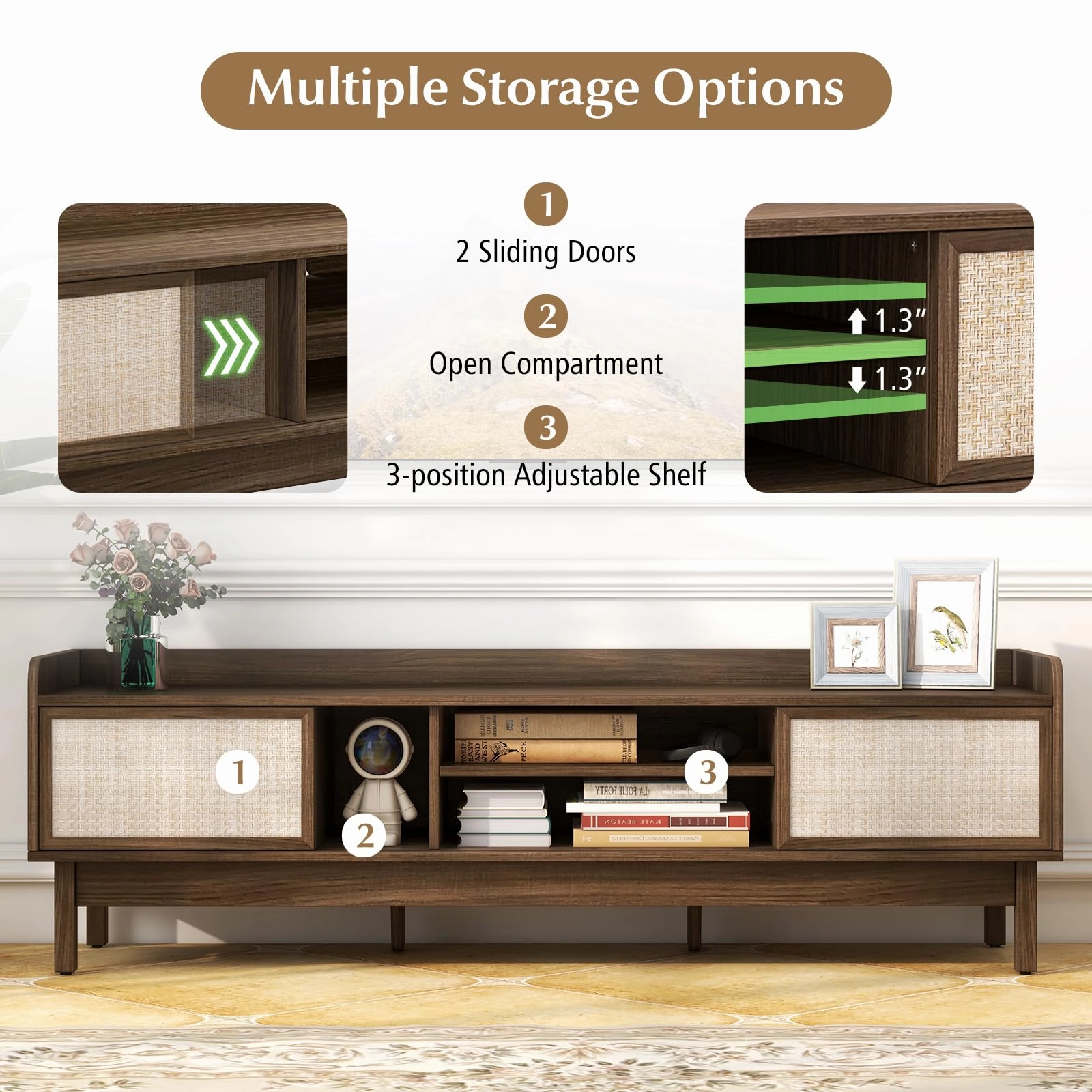 Giantex TV Stand for 65 TV, Entertainment Center with Woven Doors, Sliding Door, Adjustable Shelf & Compartment