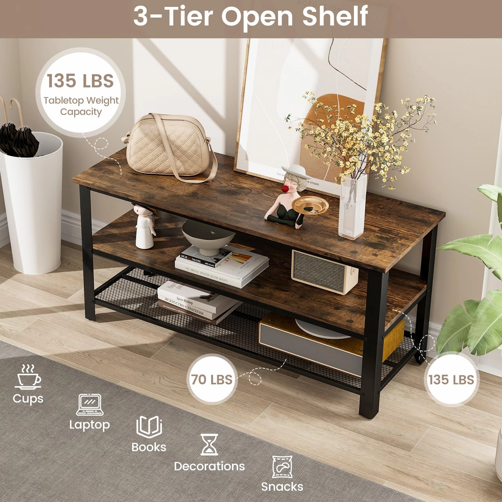 Giantex TV Stand for Bedroom and Living Room - 3-Tier Industrial Entertainment Center with Open Storage Shelves