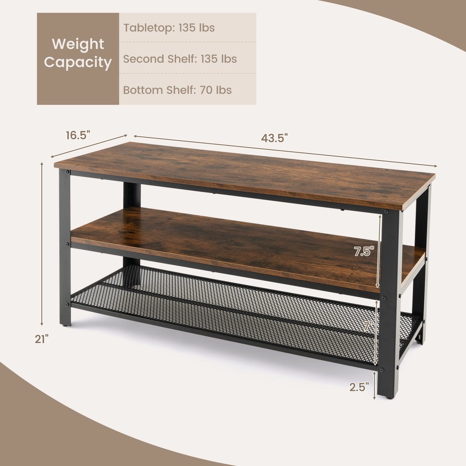 Giantex TV Stand for Bedroom and Living Room - 3-Tier Industrial Entertainment Center with Open Storage Shelves