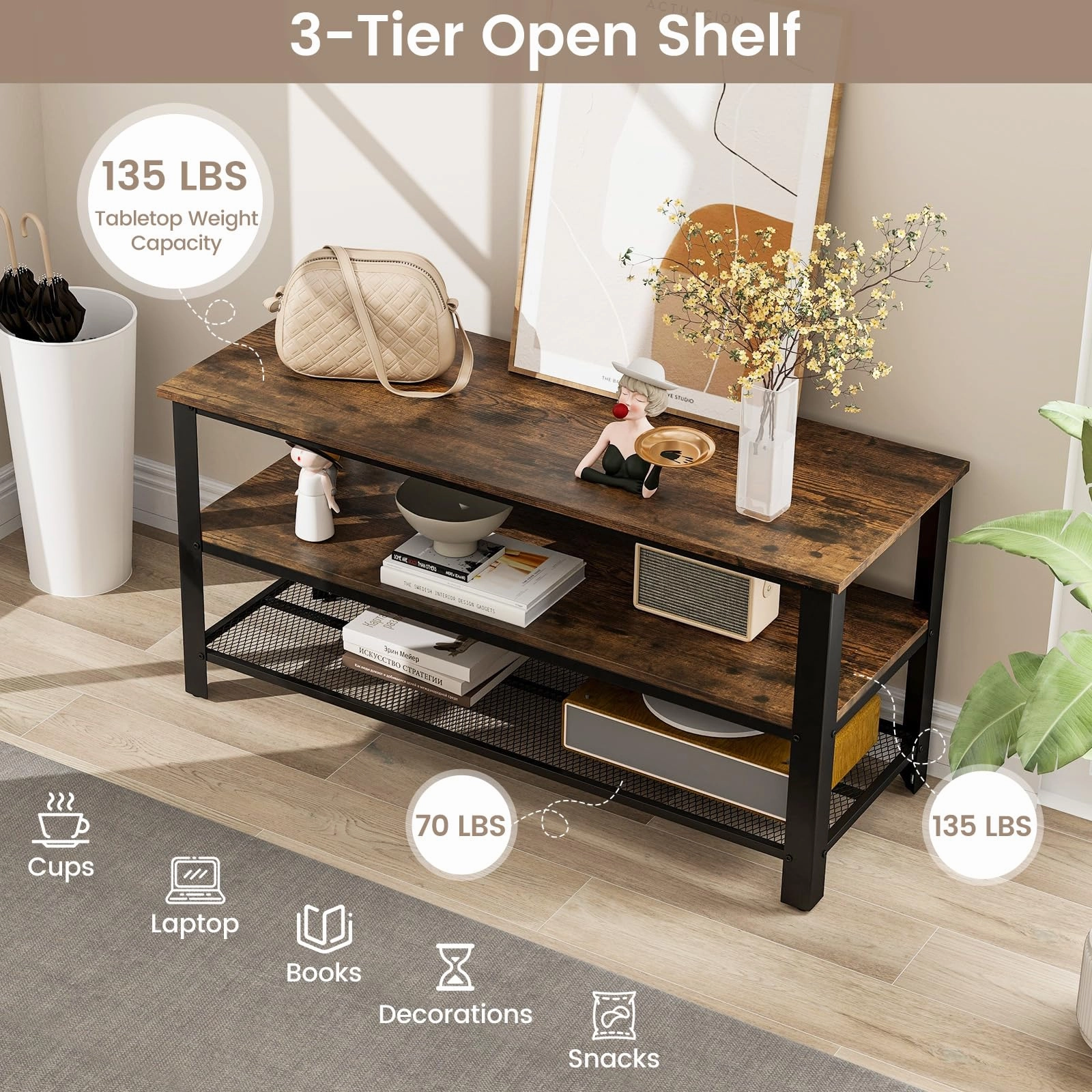 Giantex TV Stand for Bedroom and Living Room - 3-Tier Industrial Entertainment Center with Open Storage Shelves