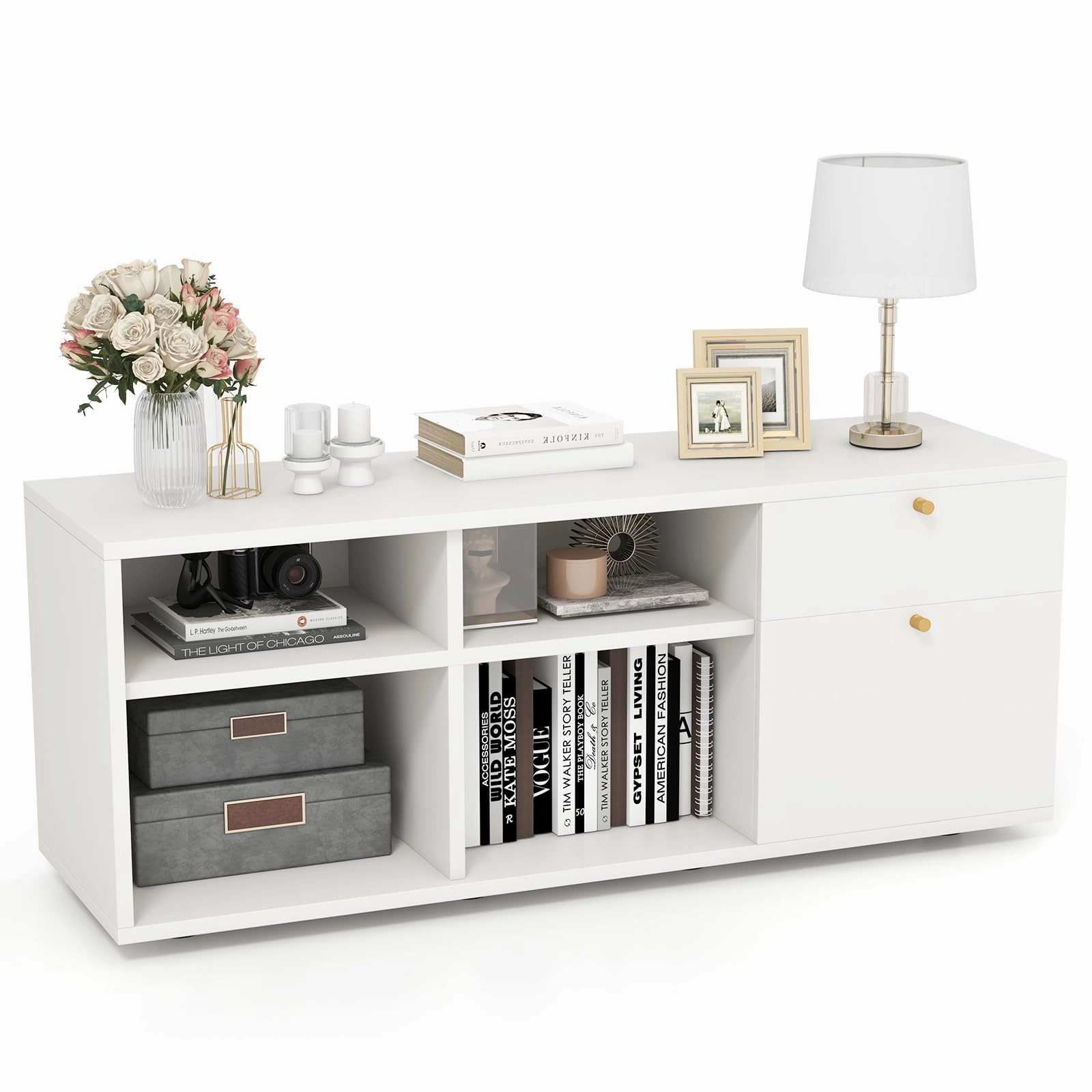 Giantex TV-Stand for Bedroom Entertainment Center - Modern TV Console Cabinet with 2 Drawers, 4 Compartments doormat, welcome mat
