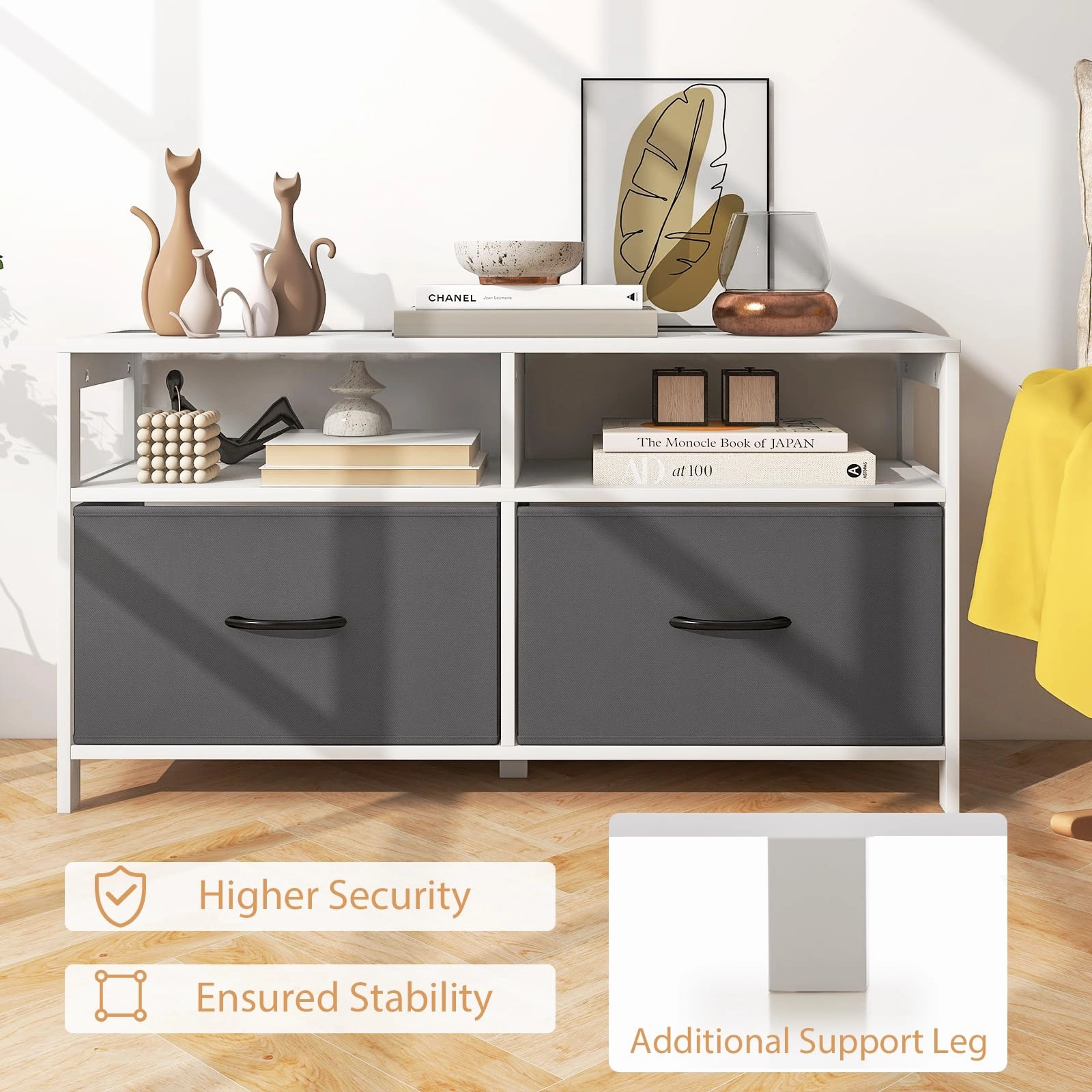 Giantex TV Stand for Bedroom, Storage Cabinet with 2 Open Shelves, 2 Removable Fabric Drawers