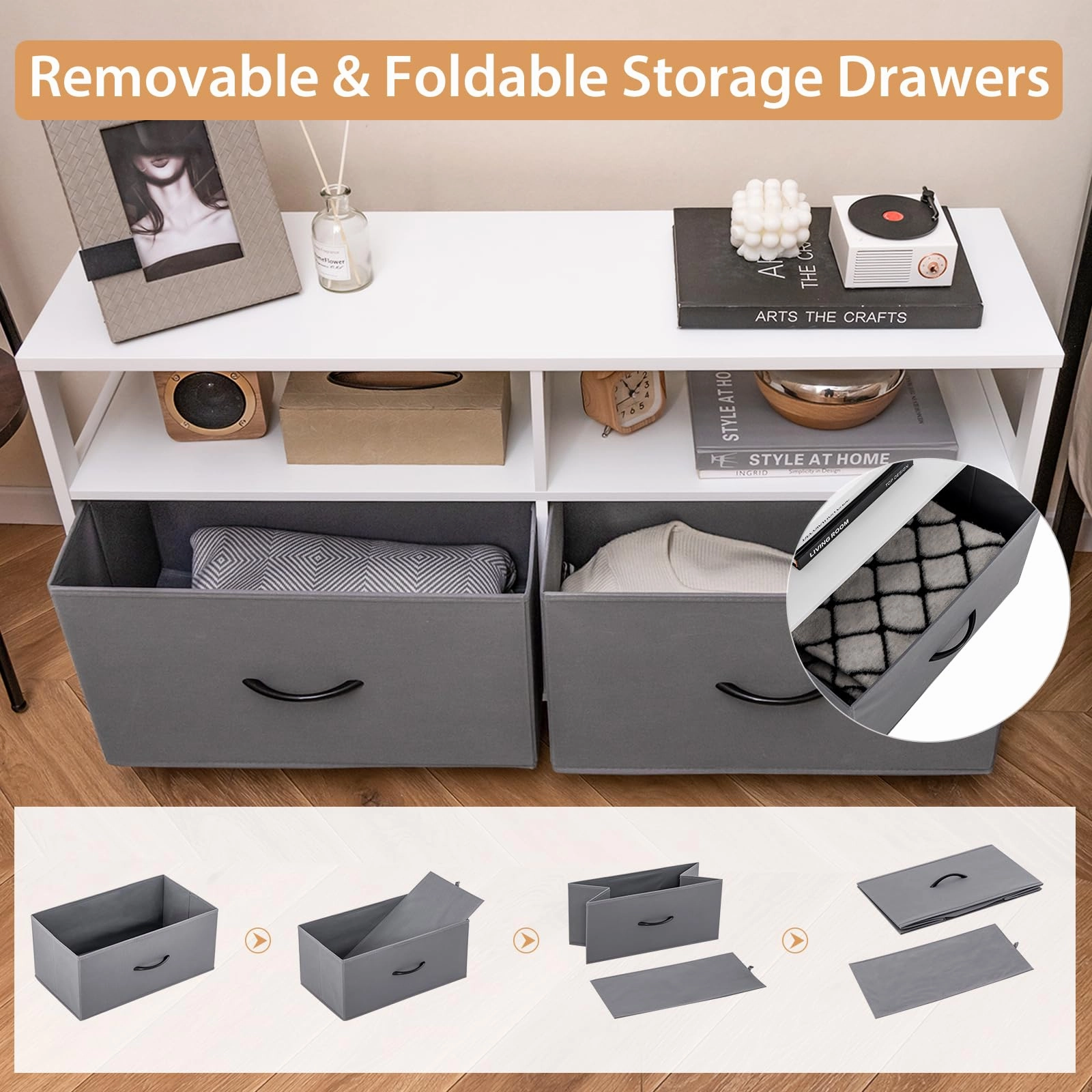 Giantex TV Stand for Bedroom, Storage Cabinet with 2 Open Shelves, 2 Removable Fabric Drawers