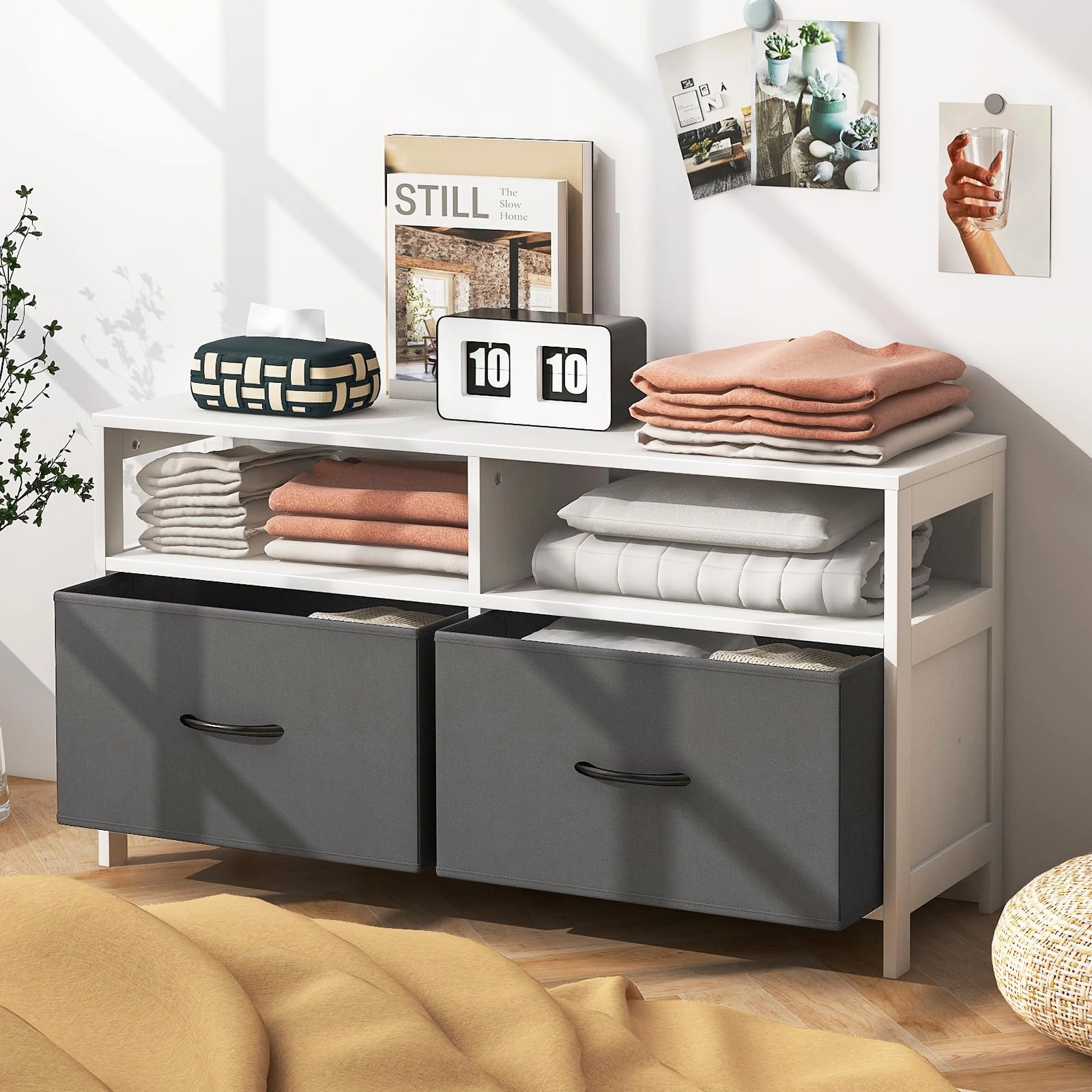 Giantex TV Stand for Bedroom, Storage Cabinet with 2 Open Shelves, 2 Removable Fabric Drawers