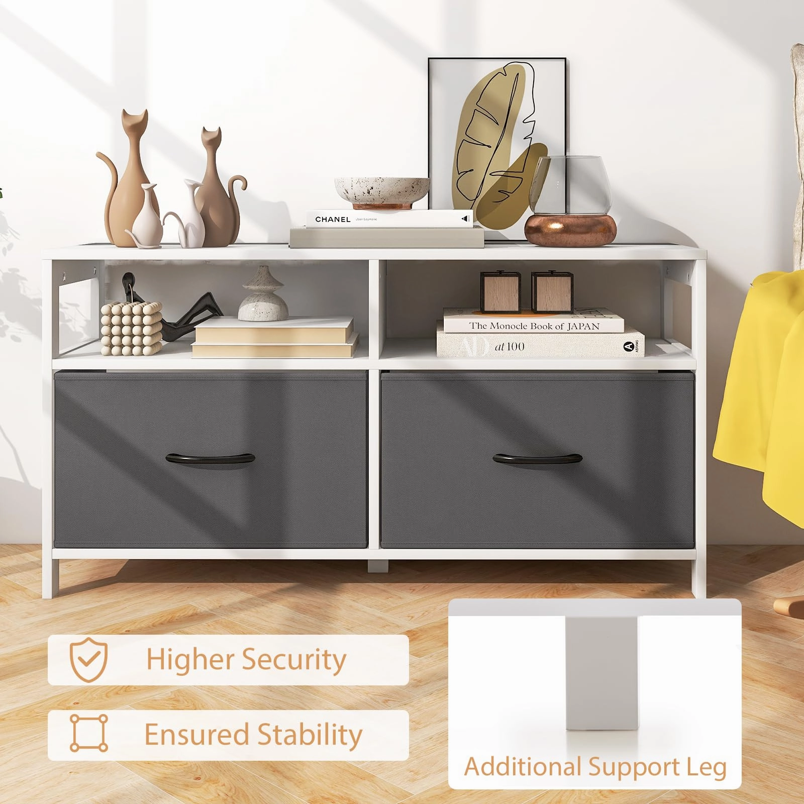 Giantex TV Stand for Bedroom, Storage Cabinet with 2 Open Shelves, 2 Removable Fabric Drawers