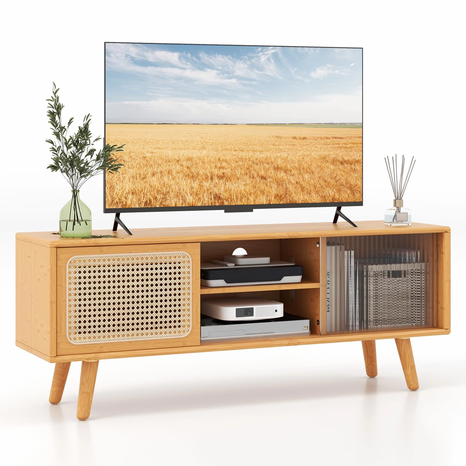 Giantex TV Stand for Living Room TVs up to 55- Bamboo Entertainment Center throw pillow, fuzzy blanket