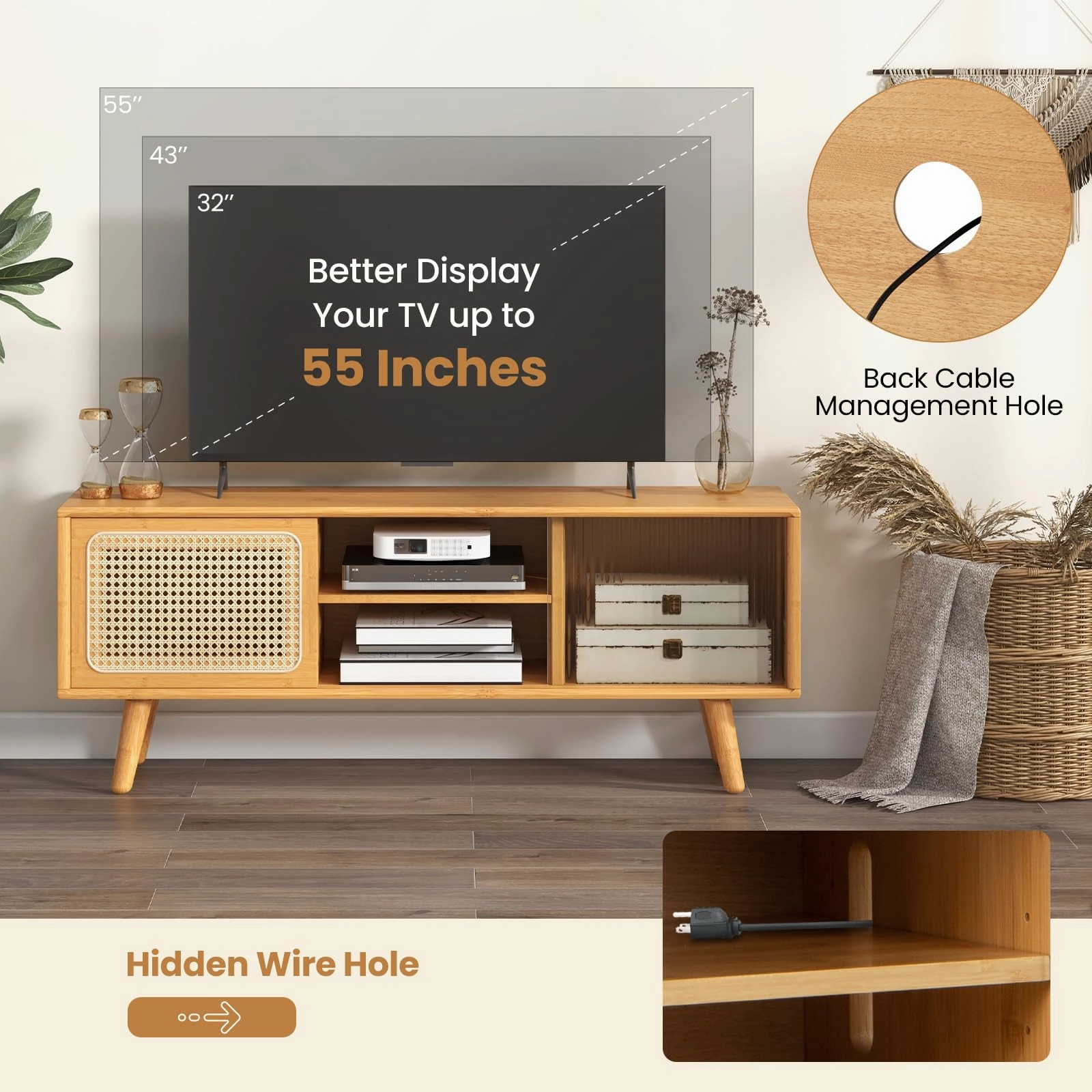 Giantex TV Stand for Living Room TVs up to 55- Bamboo Entertainment Center