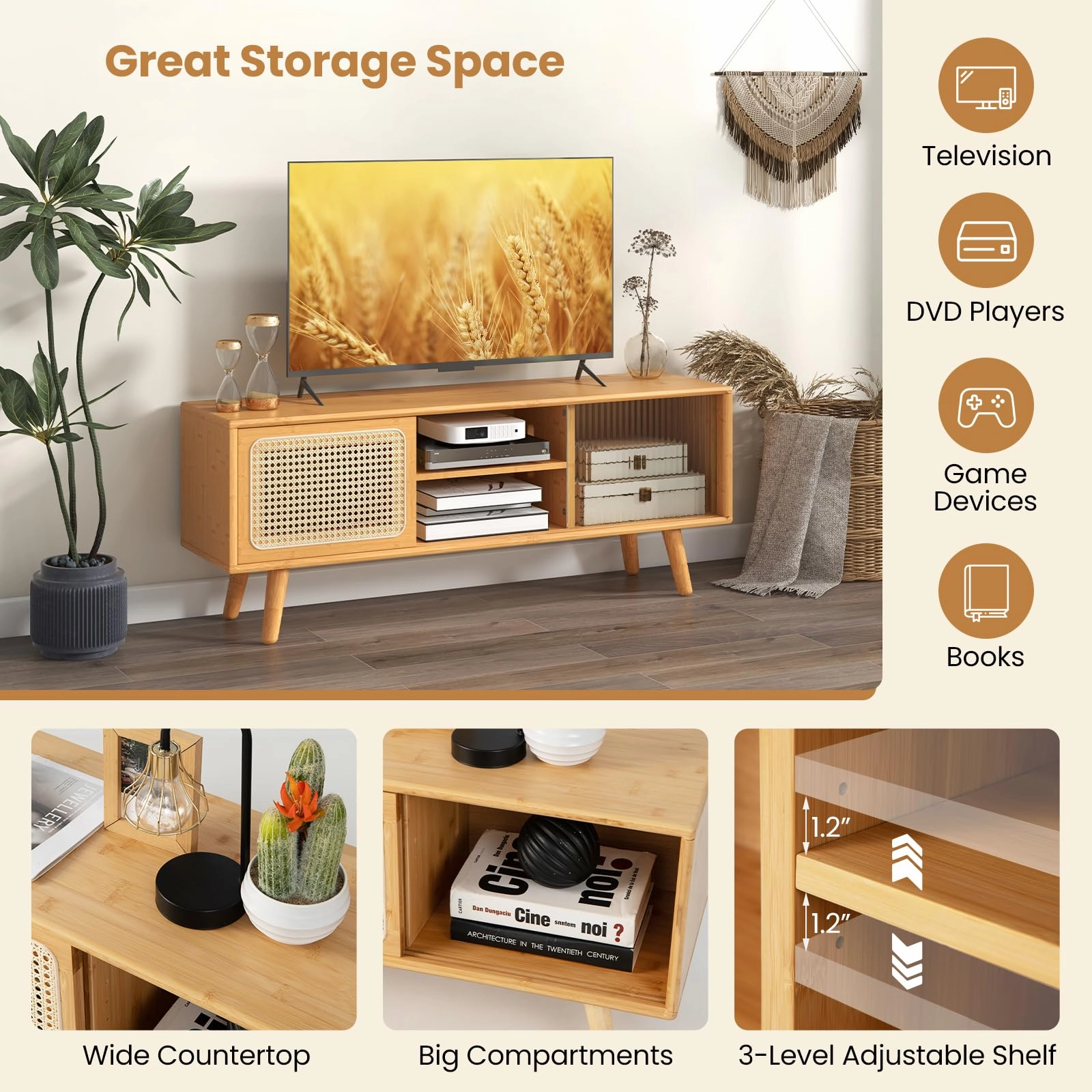 Giantex TV Stand for Living Room TVs up to 55- Bamboo Entertainment Center