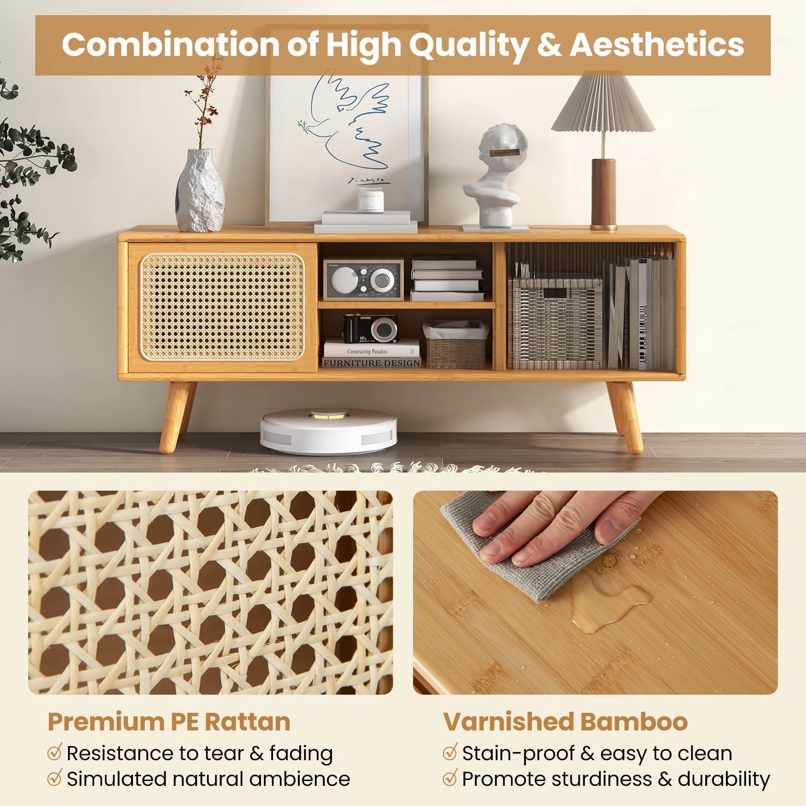 Giantex TV Stand for Living Room TVs up to 55- Bamboo Entertainment Center