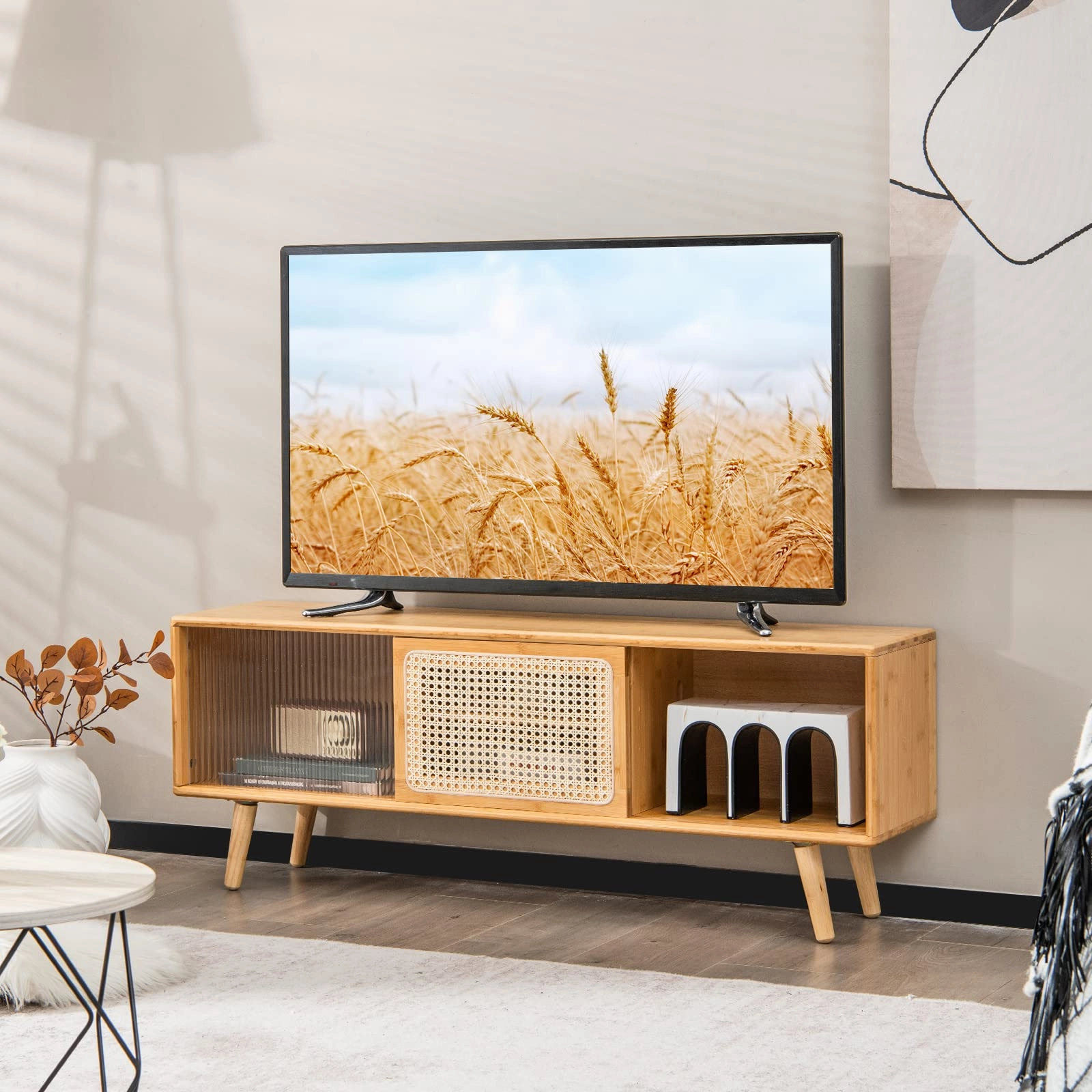 Giantex TV Stand for Living Room TVs up to 55- Bamboo Entertainment Center