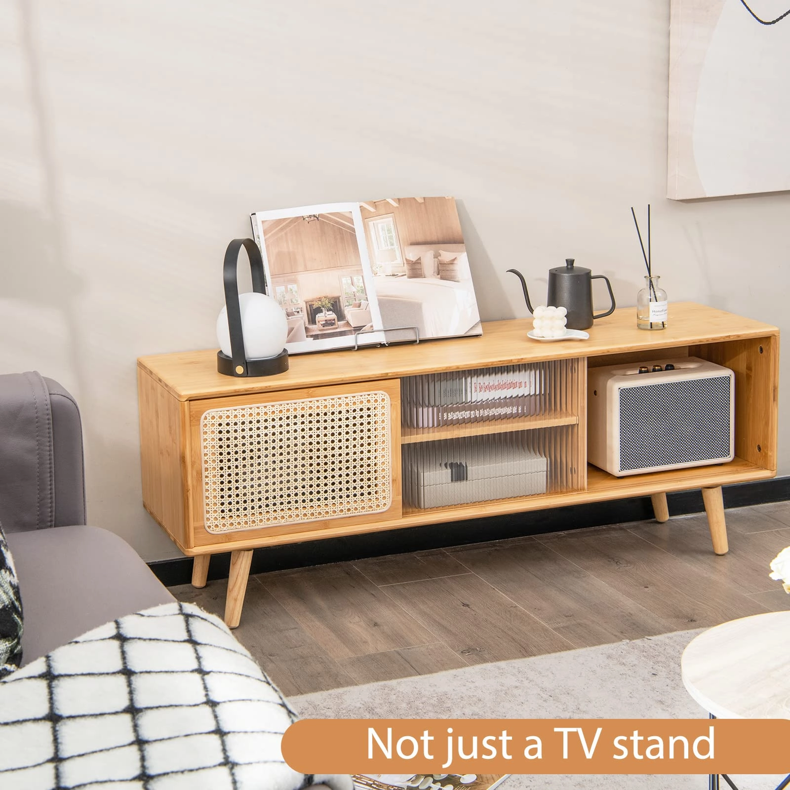 Giantex TV Stand for Living Room TVs up to 55- Bamboo Entertainment Center