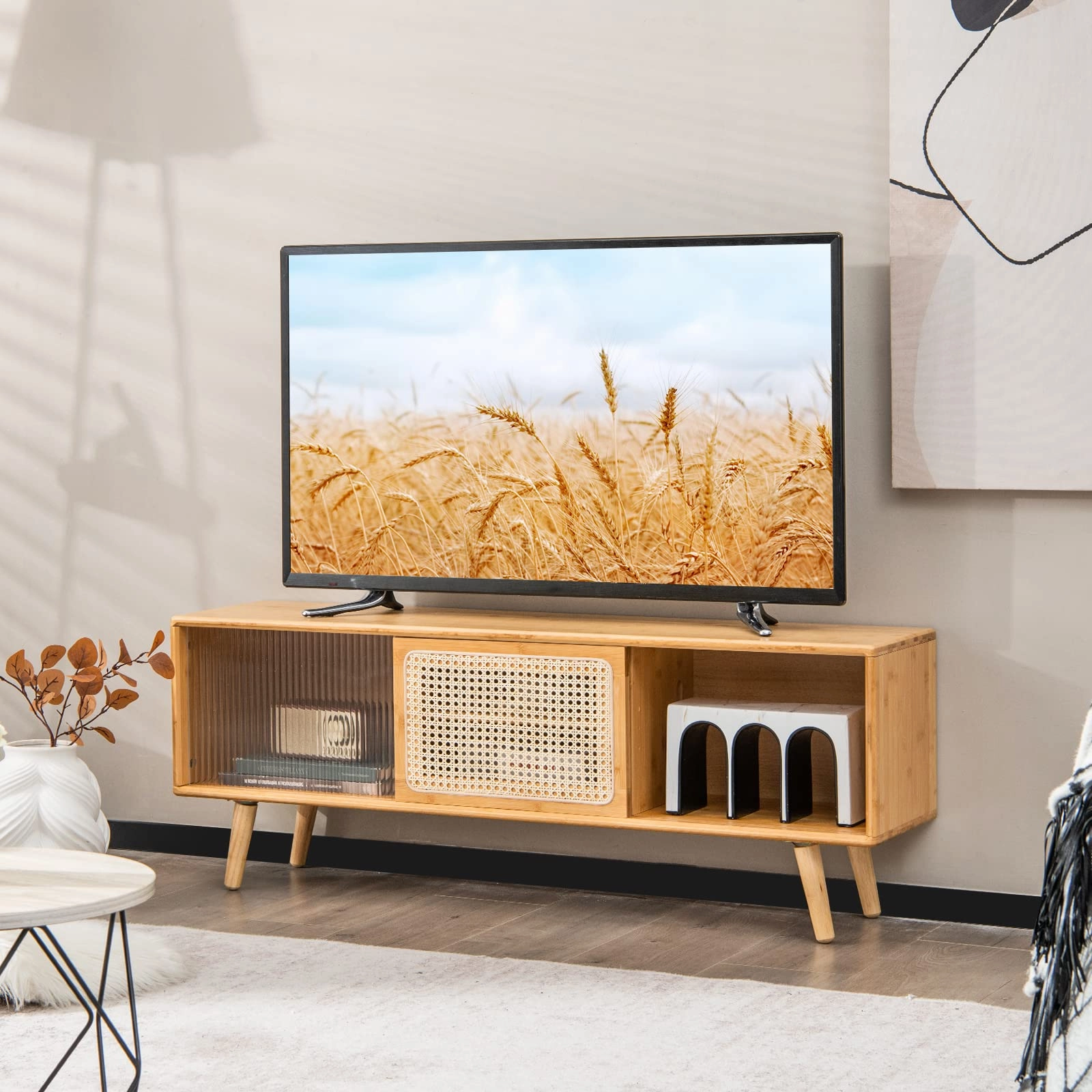 Giantex TV Stand for Living Room TVs up to 55- Bamboo Entertainment Center