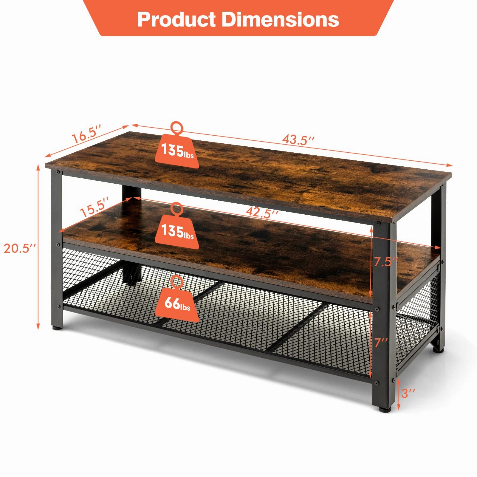 Giantex TV Stand for TV up to 50 Inches, 43.5 inch Wood Industrial TV Cabinet with 3-Tier Storage Shelves, Rustic Brown