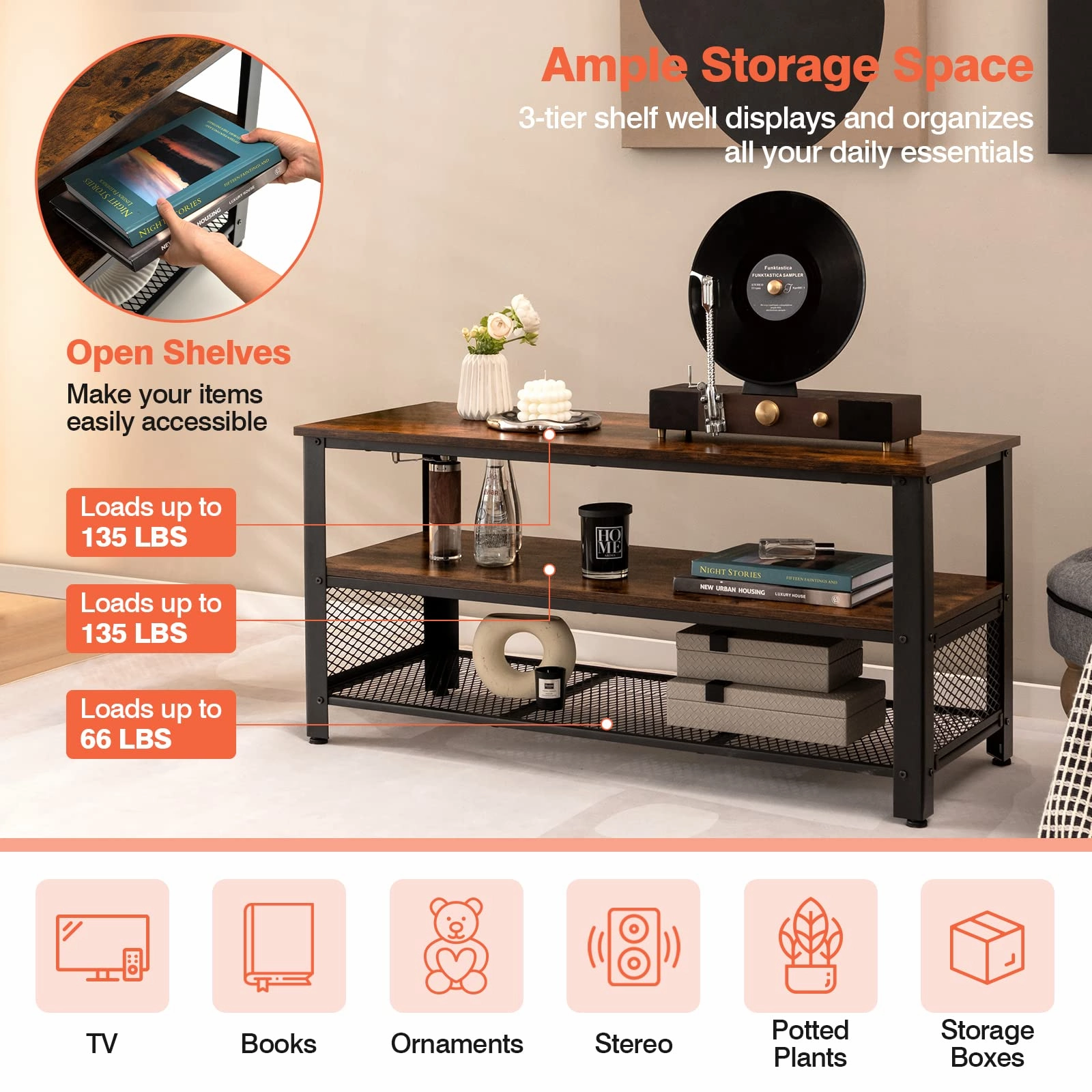 Giantex TV Stand for TV up to 50 Inches, 43.5 inch Wood Industrial TV Cabinet with 3-Tier Storage Shelves, Rustic Brown