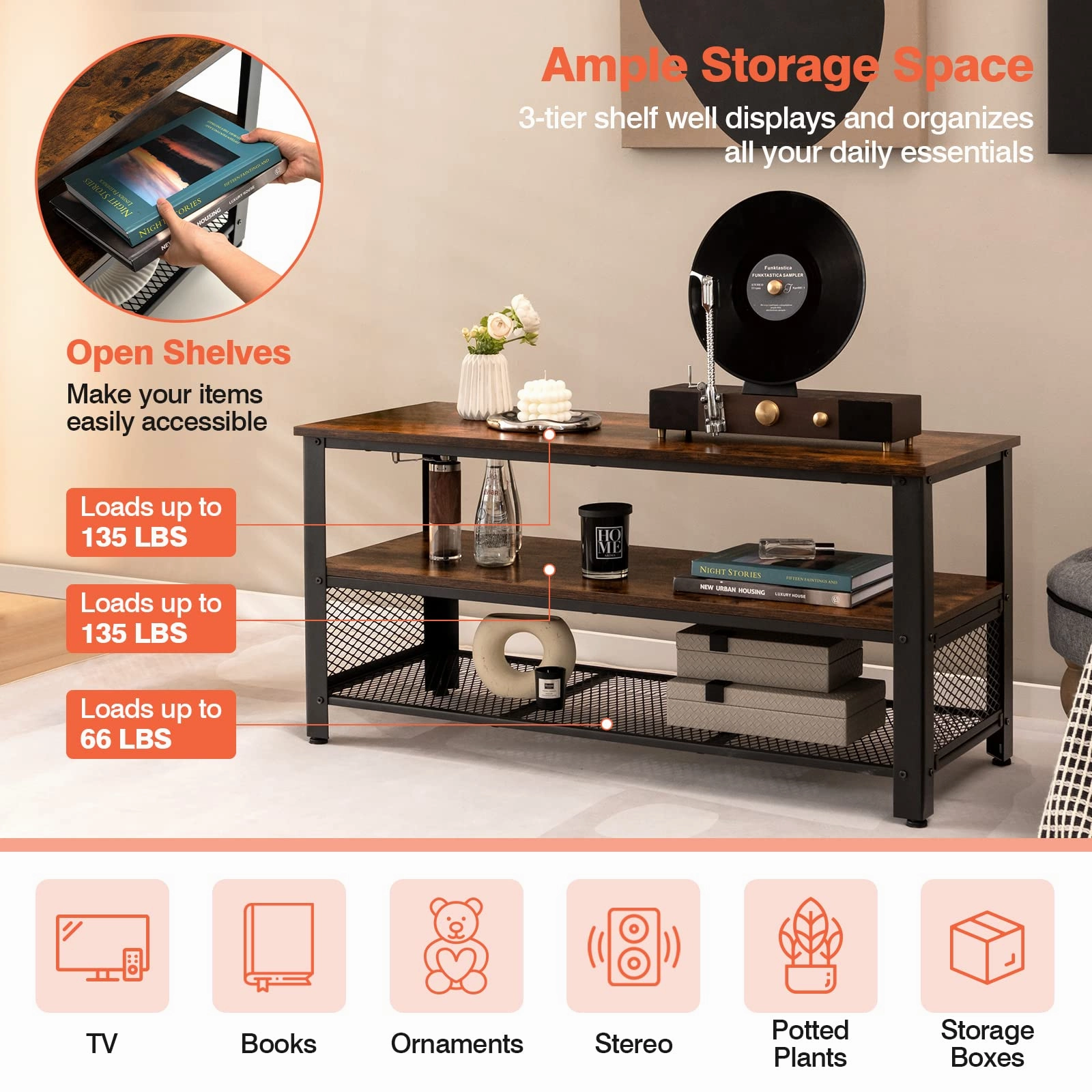 Giantex TV Stand for TV up to 50 Inches, 43.5 inch Wood Industrial TV Cabinet with 3-Tier Storage Shelves, Rustic Brown