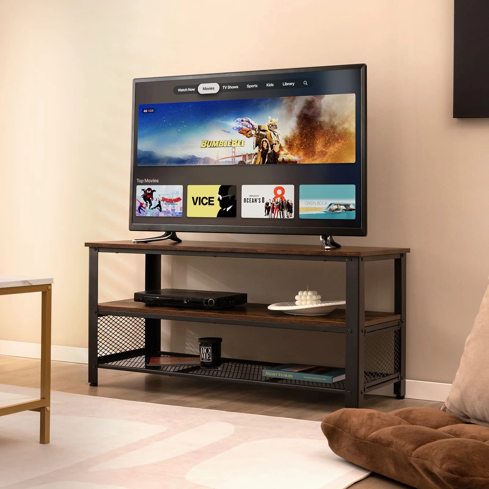 Giantex TV Stand for TV up to 50 Inches, 43.5 inch Wood Industrial TV Cabinet with 3-Tier Storage Shelves, Rustic Brown