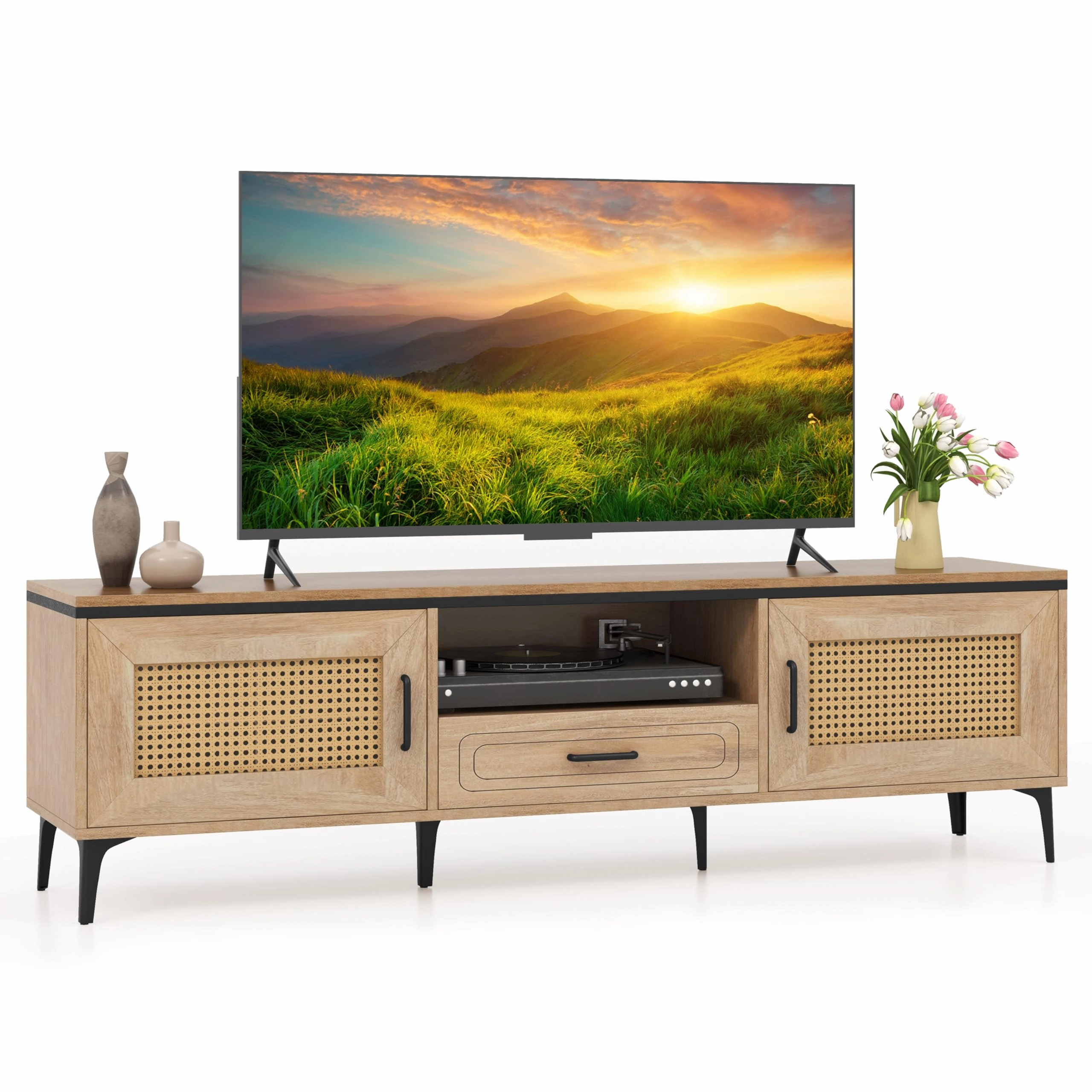 Giantex TV Stand for TV up to 65 Inches, Entertainment Center with 2 Cabinets doormat, welcome mat