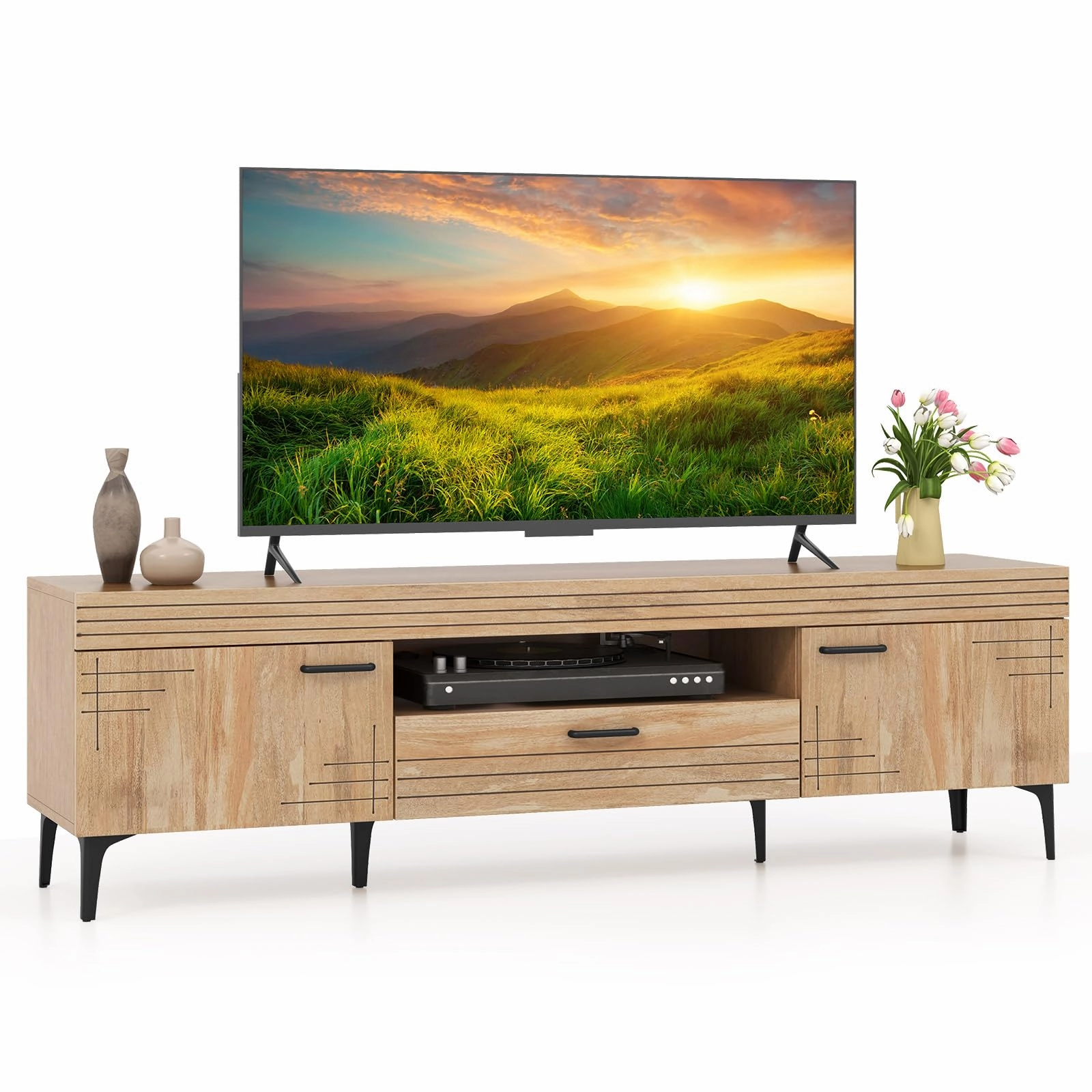 Giantex TV Stand for TV up to 65 Inches, Mid Century Modern Entertainment Center with 2 Cabinets throw pillow, fuzzy blanket
