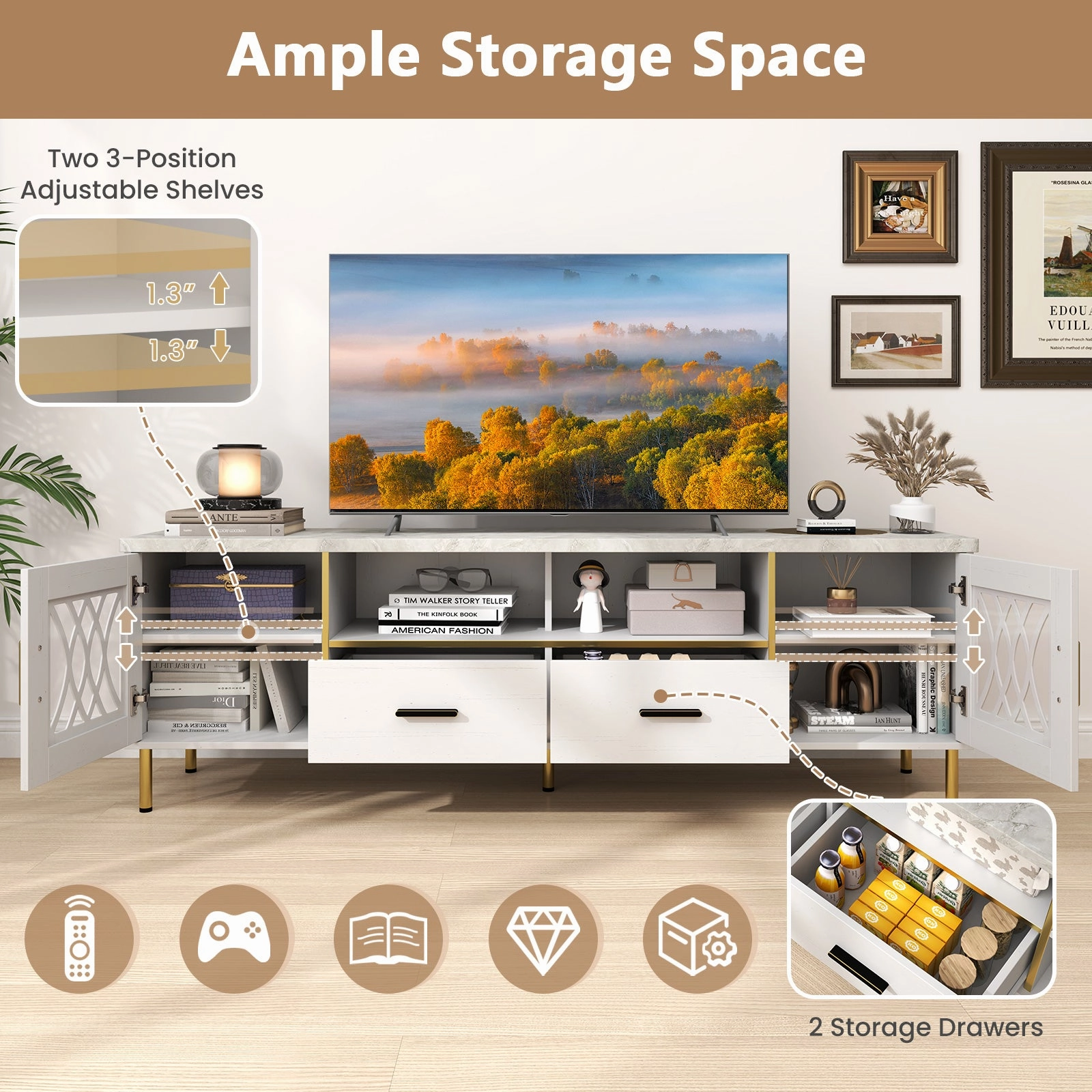 Giantex TV Stand for TV up to 80", 71-Inch Modern Entertainment Center with Glass Doors & 2 Storage Drawers
