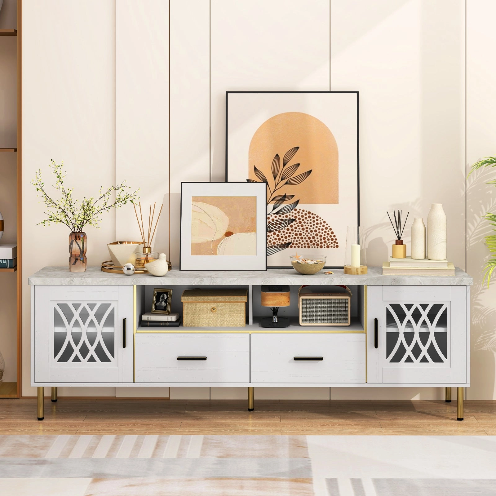 Giantex TV Stand for TV up to 80", 71-Inch Modern Entertainment Center with Glass Doors & 2 Storage Drawers