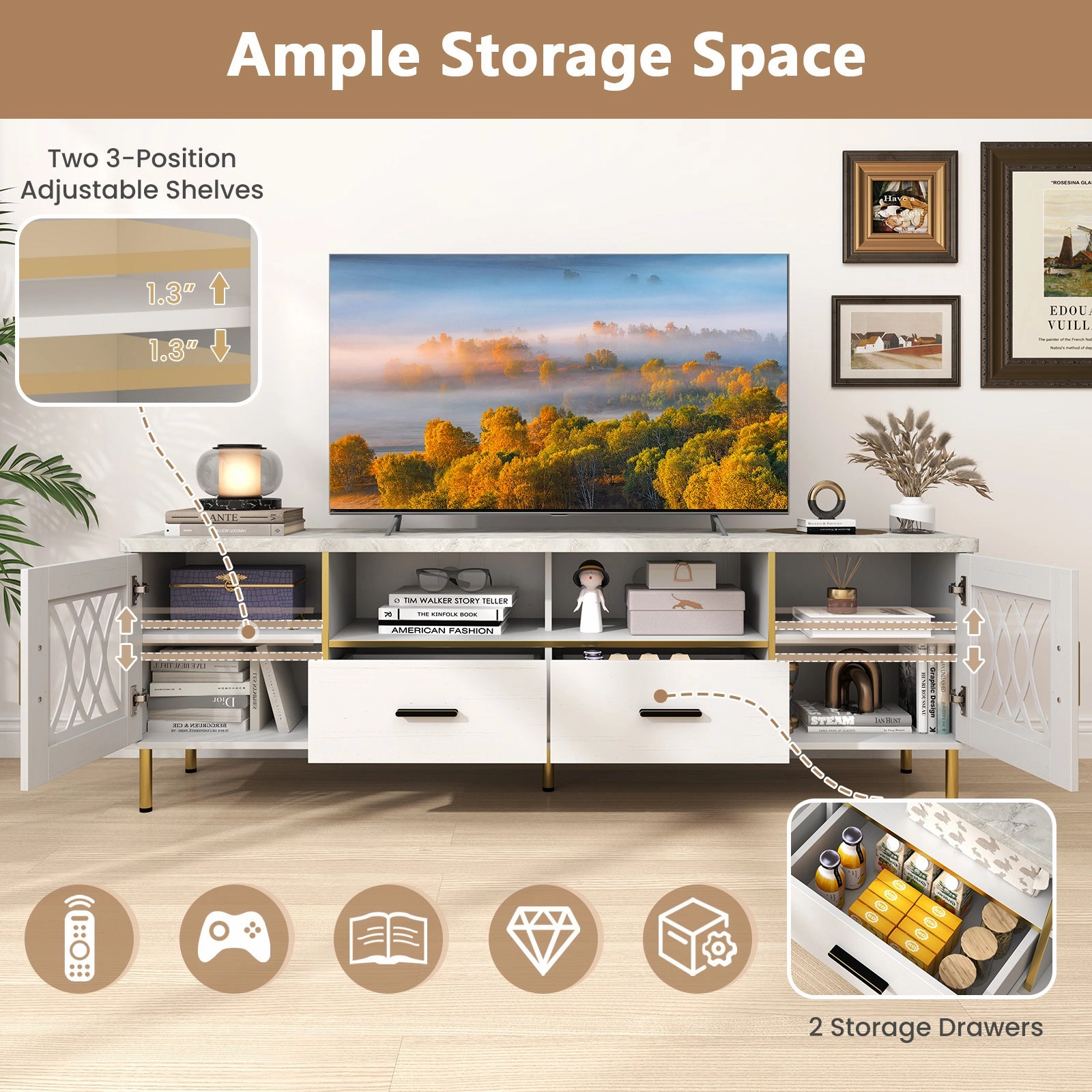 Giantex TV Stand for TV up to 80", 71-Inch Modern Entertainment Center with Glass Doors & 2 Storage Drawers