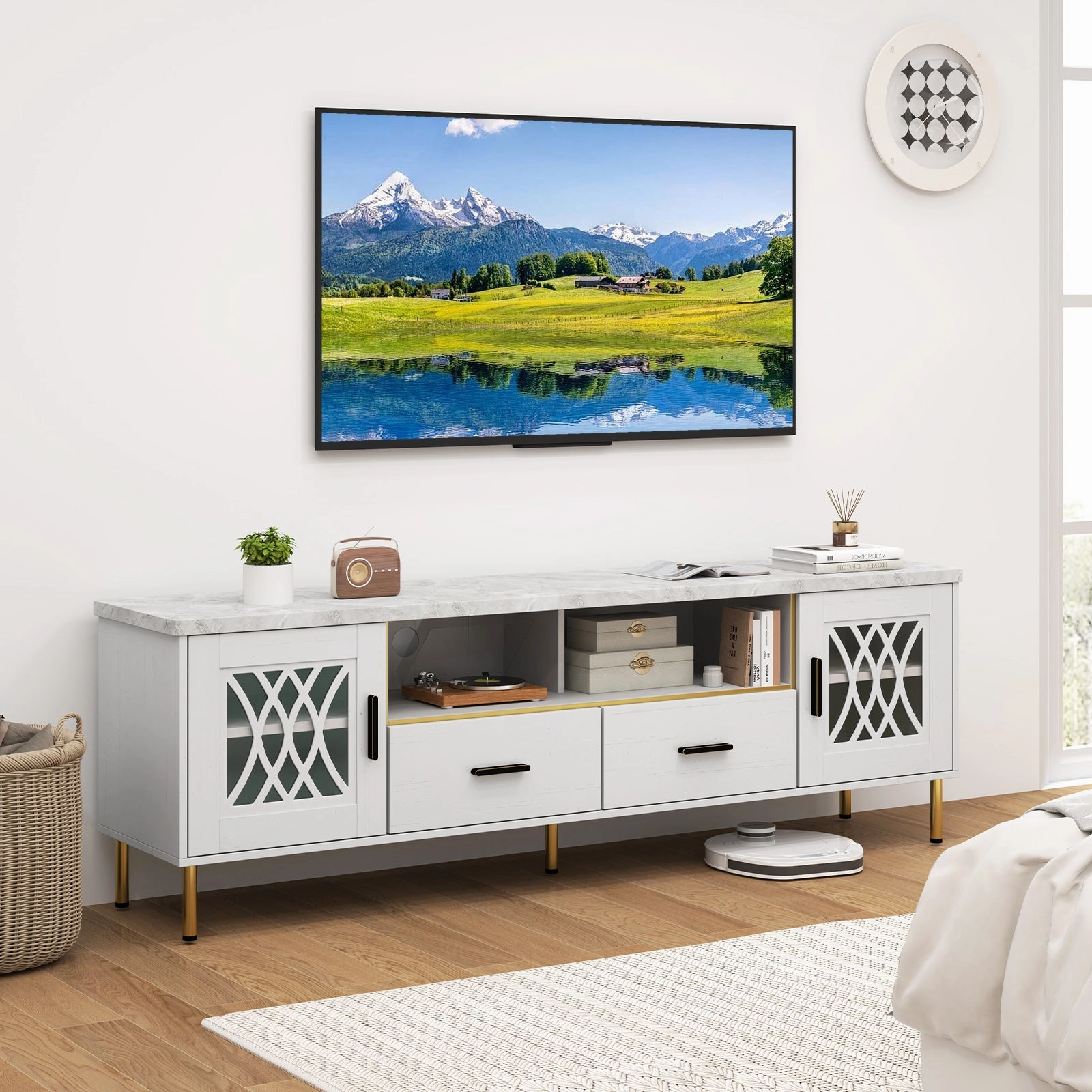 Giantex TV Stand for TV up to 80", 71-Inch Modern Entertainment Center with Glass Doors & 2 Storage Drawers
