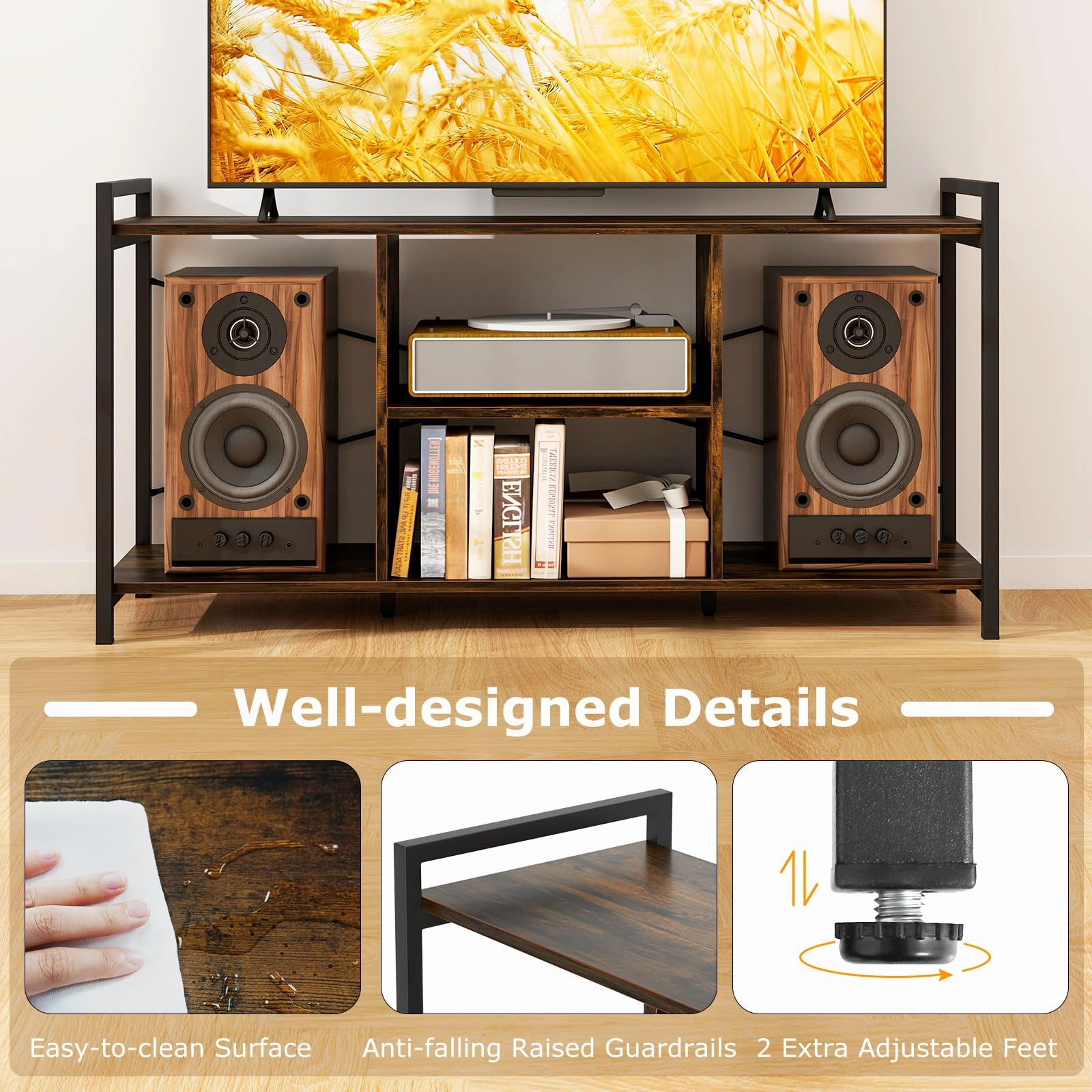 Giantex TV Stand for TVs up to 55", 3-Tier Entertainment Center with Open Storage Shelves, Side Guardrails & Metal Frame