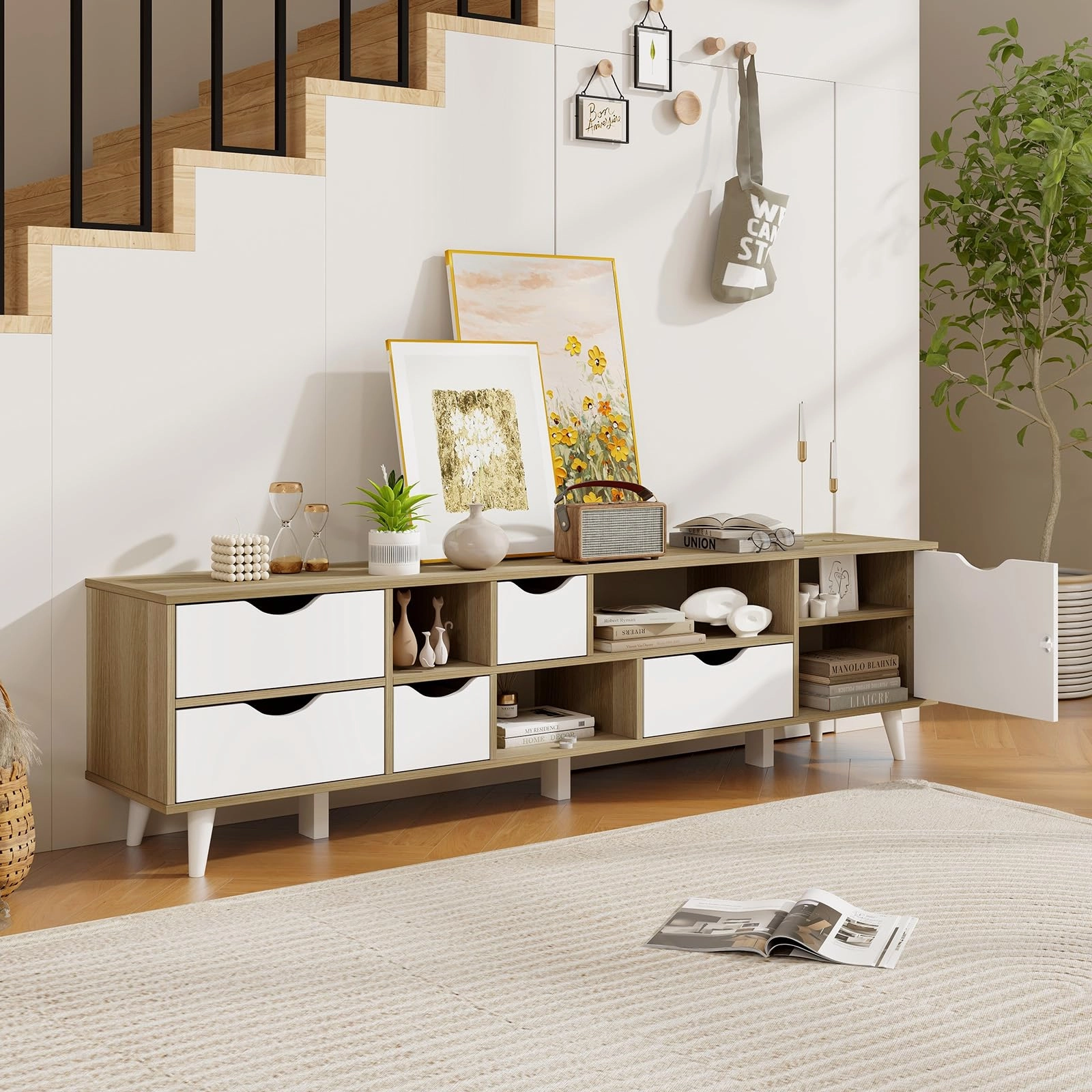 Giantex TV Stand for TVs up to 65, Entertainment Center with 5 Drawers, 1 Cabinet, Television Stands for Bedroom, Oak