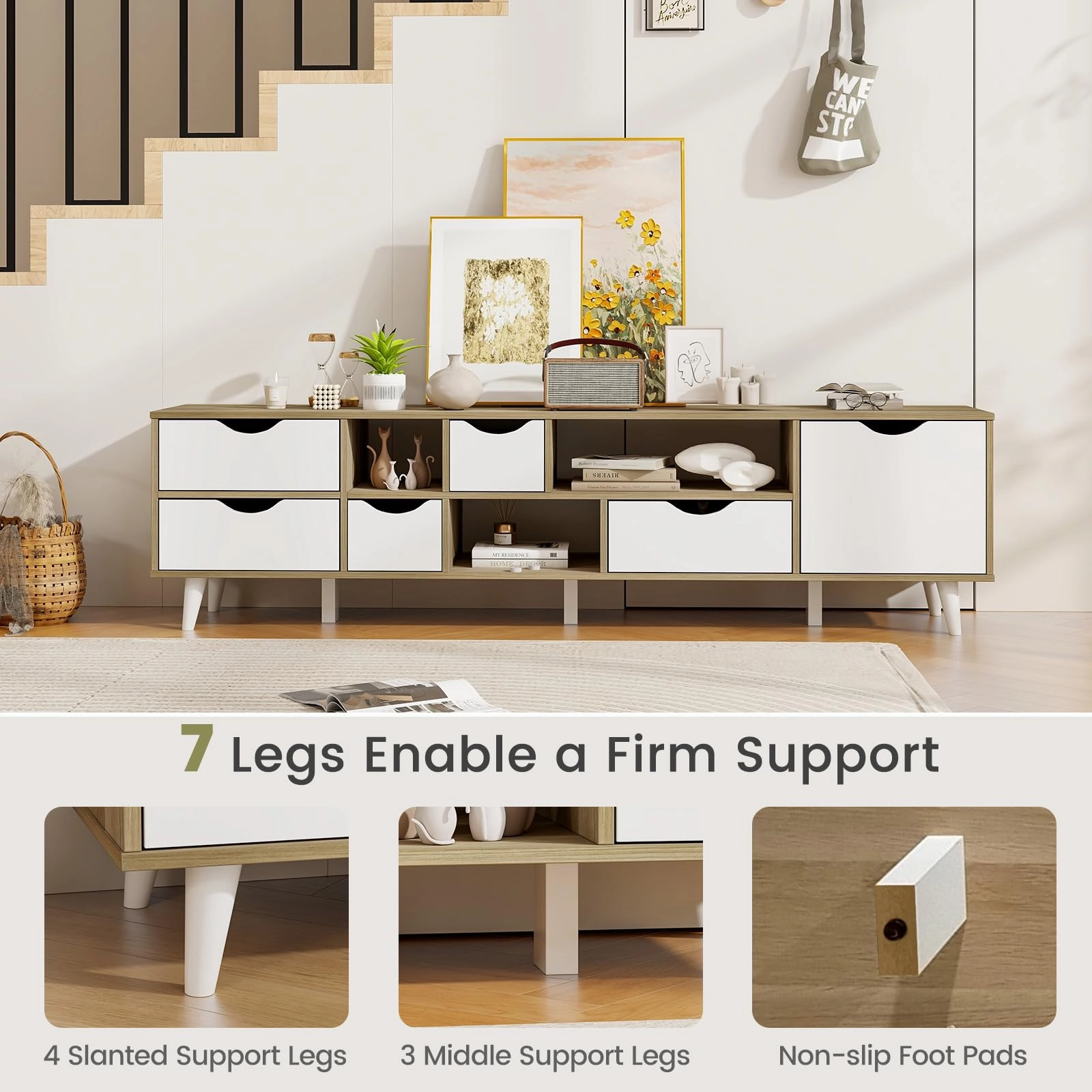 Giantex TV Stand for TVs up to 65, Entertainment Center with 5 Drawers, 1 Cabinet, Television Stands for Bedroom, Oak