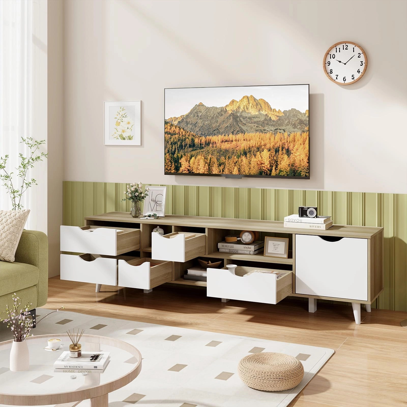 Giantex TV Stand for TVs up to 65, Entertainment Center with 5 Drawers, 1 Cabinet, Television Stands for Bedroom, Oak