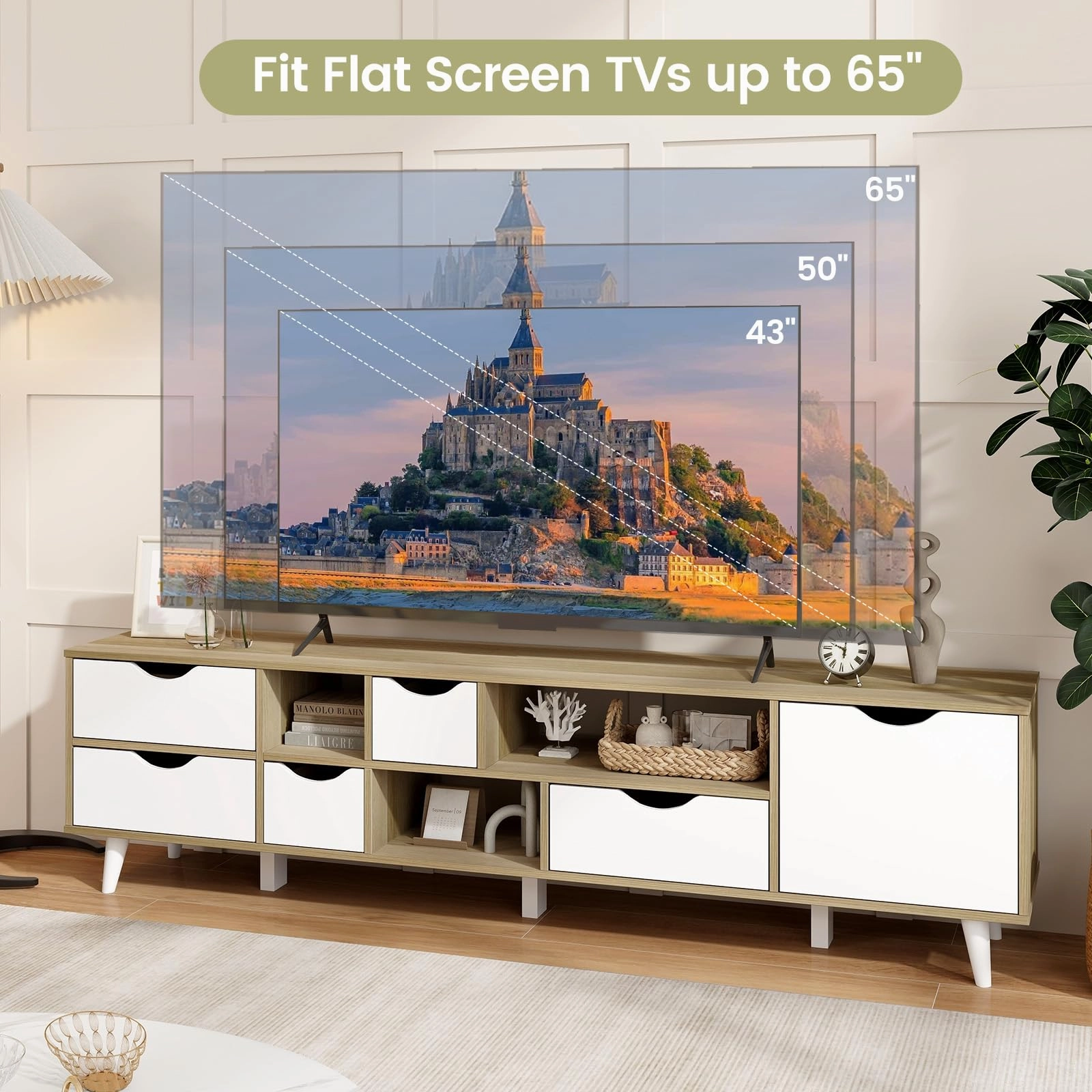 Giantex TV Stand for TVs up to 65, Entertainment Center with 5 Drawers, 1 Cabinet, Television Stands for Bedroom, Oak