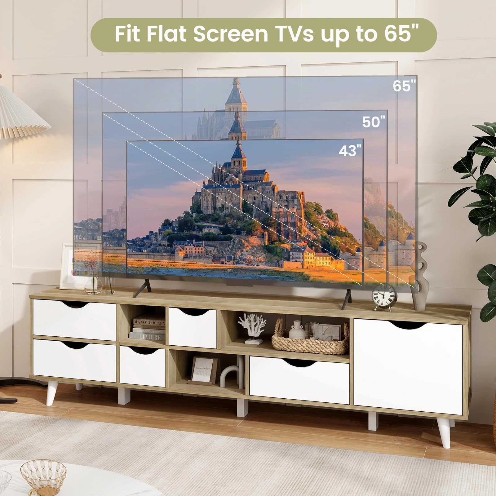 Giantex TV Stand for TVs up to 65, Entertainment Center with 5 Drawers, 1 Cabinet, Television Stands for Bedroom, Oak