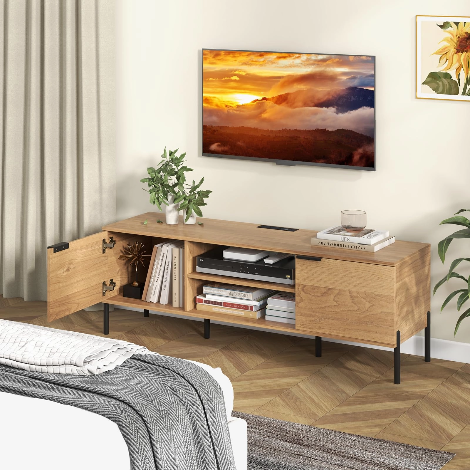 Giantex TV Stand for TVs up to 65, Entertainment Center with Charging Station, 2 Cabinets, Open Shelves, 6 Sturdy Metal Legs