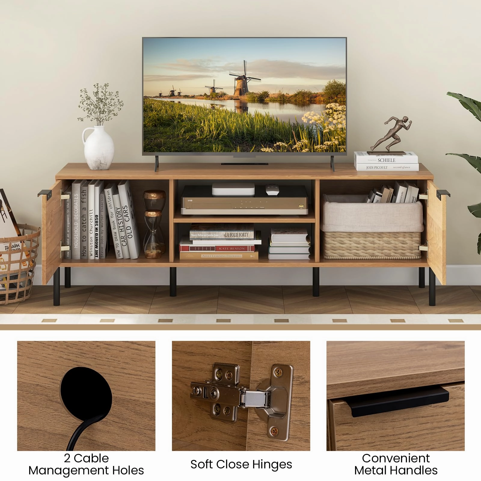 Giantex TV Stand for TVs up to 65, Entertainment Center with Charging Station, 2 Cabinets, Open Shelves, 6 Sturdy Metal Legs