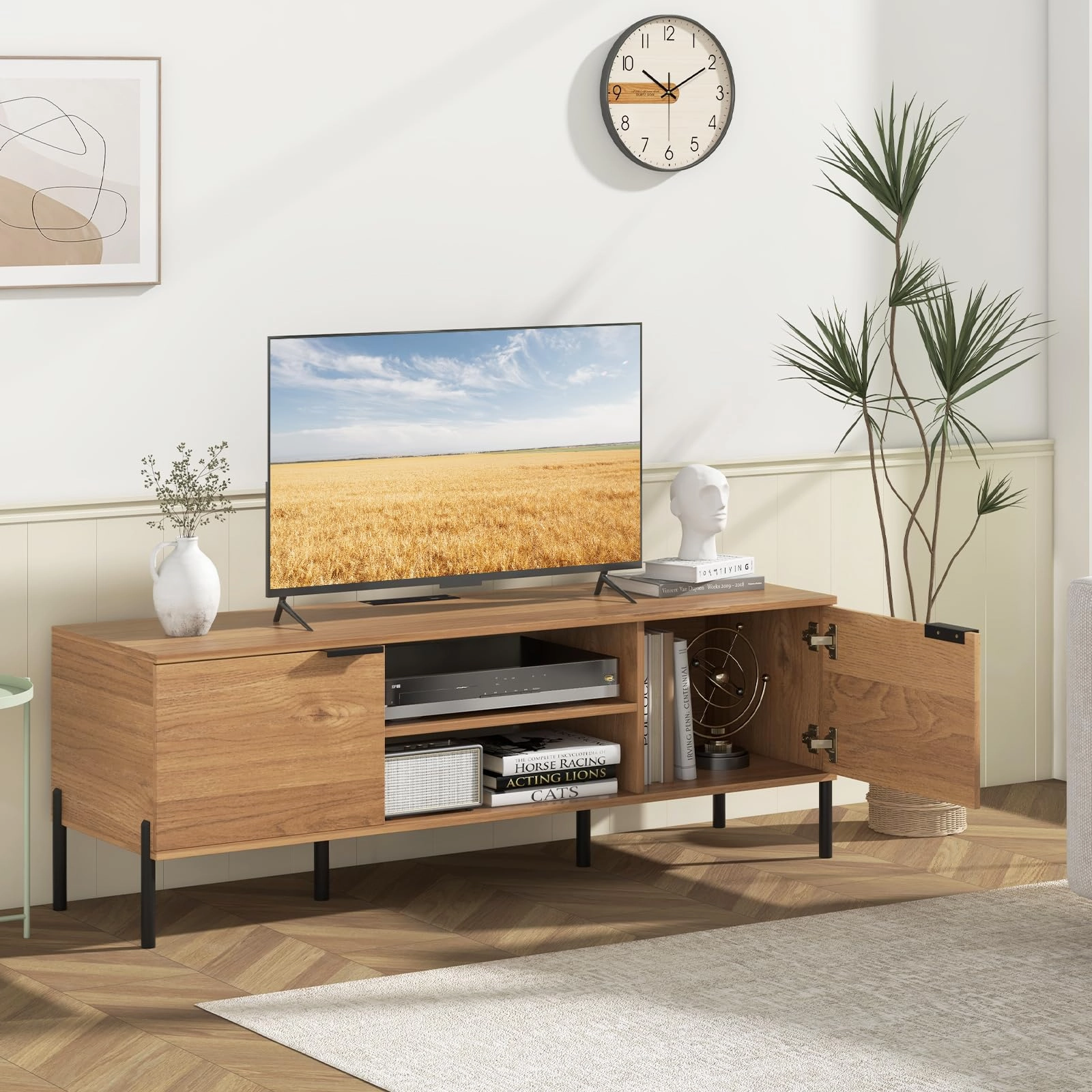 Giantex TV Stand for TVs up to 65, Entertainment Center with Charging Station, 2 Cabinets, Open Shelves, 6 Sturdy Metal Legs