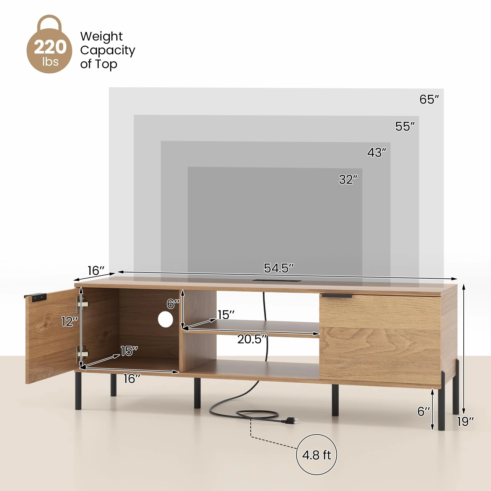 Giantex TV Stand for TVs up to 65, Entertainment Center with Charging Station, 2 Cabinets, Open Shelves, 6 Sturdy Metal Legs