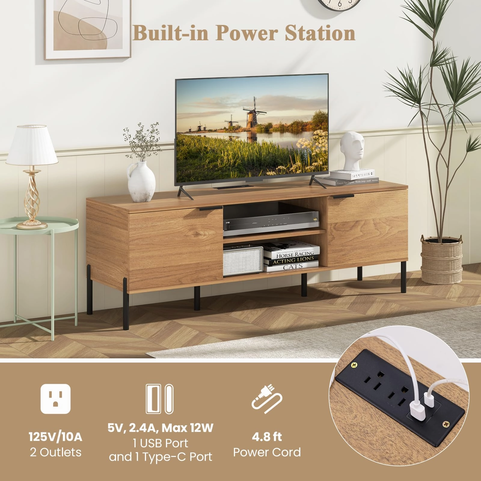 Giantex TV Stand for TVs up to 65, Entertainment Center with Charging Station, 2 Cabinets, Open Shelves, 6 Sturdy Metal Legs