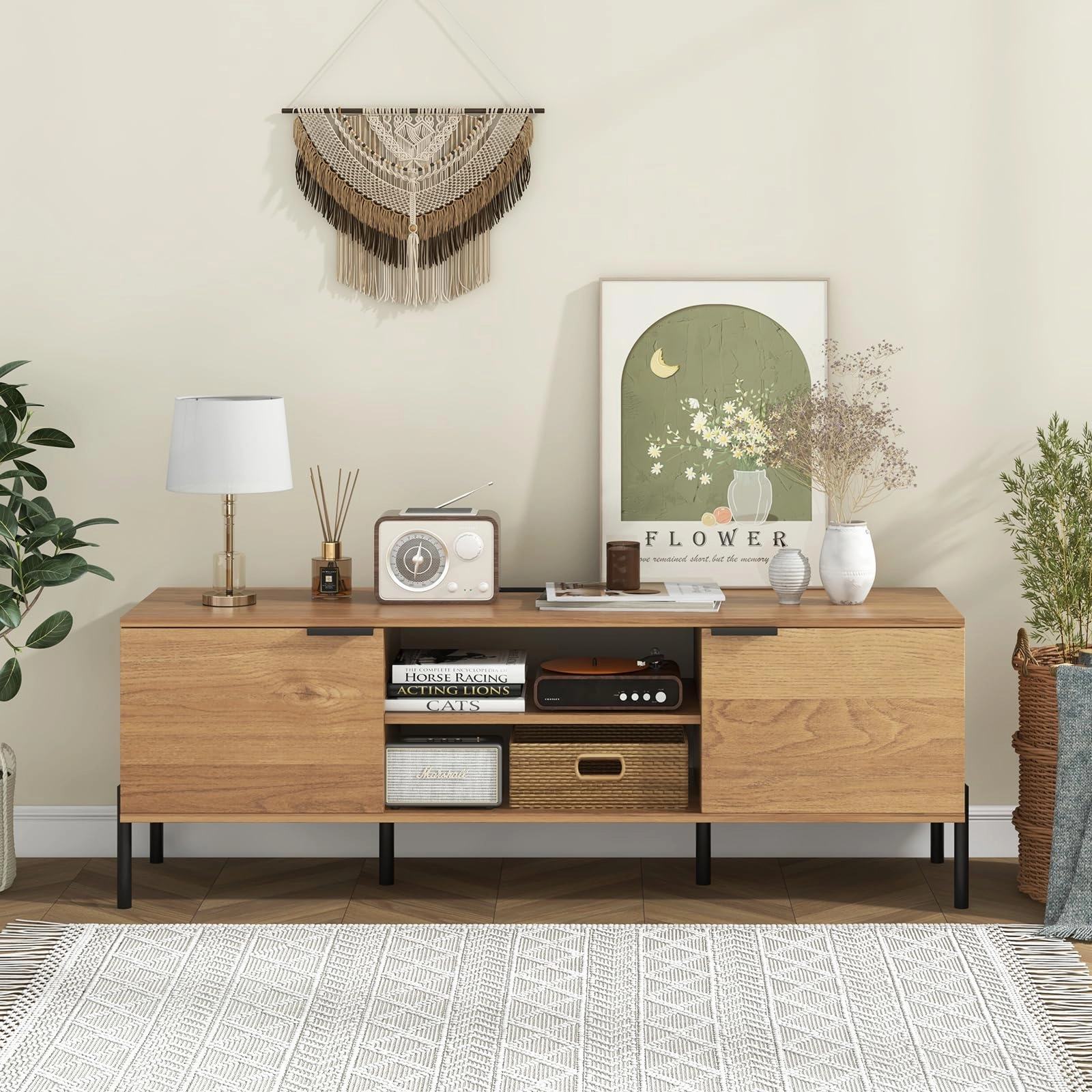 Giantex TV Stand for TVs up to 65, Entertainment Center with Charging Station, 2 Cabinets, Open Shelves, 6 Sturdy Metal Legs