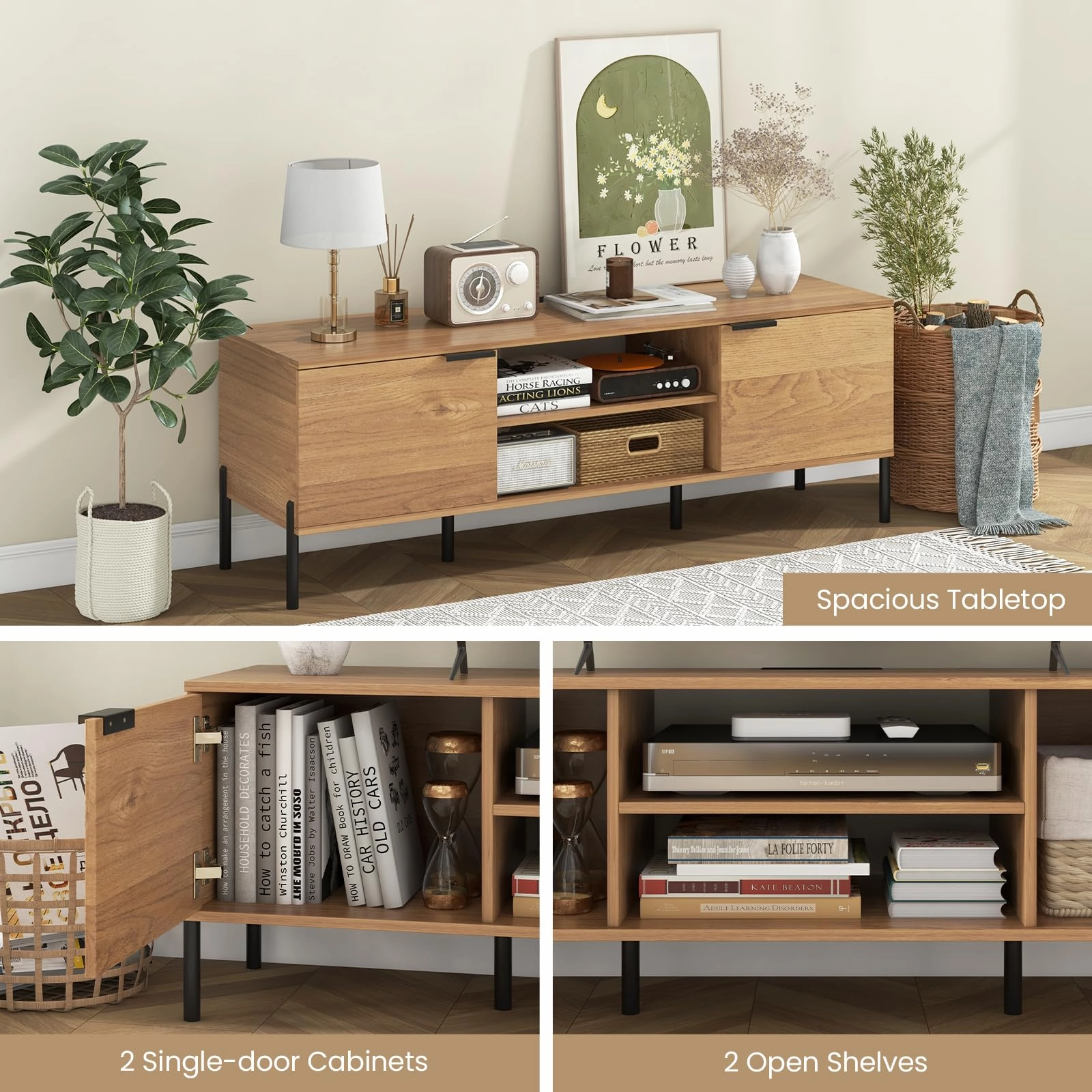 Giantex TV Stand for TVs up to 65, Entertainment Center with Charging Station, 2 Cabinets, Open Shelves, 6 Sturdy Metal Legs