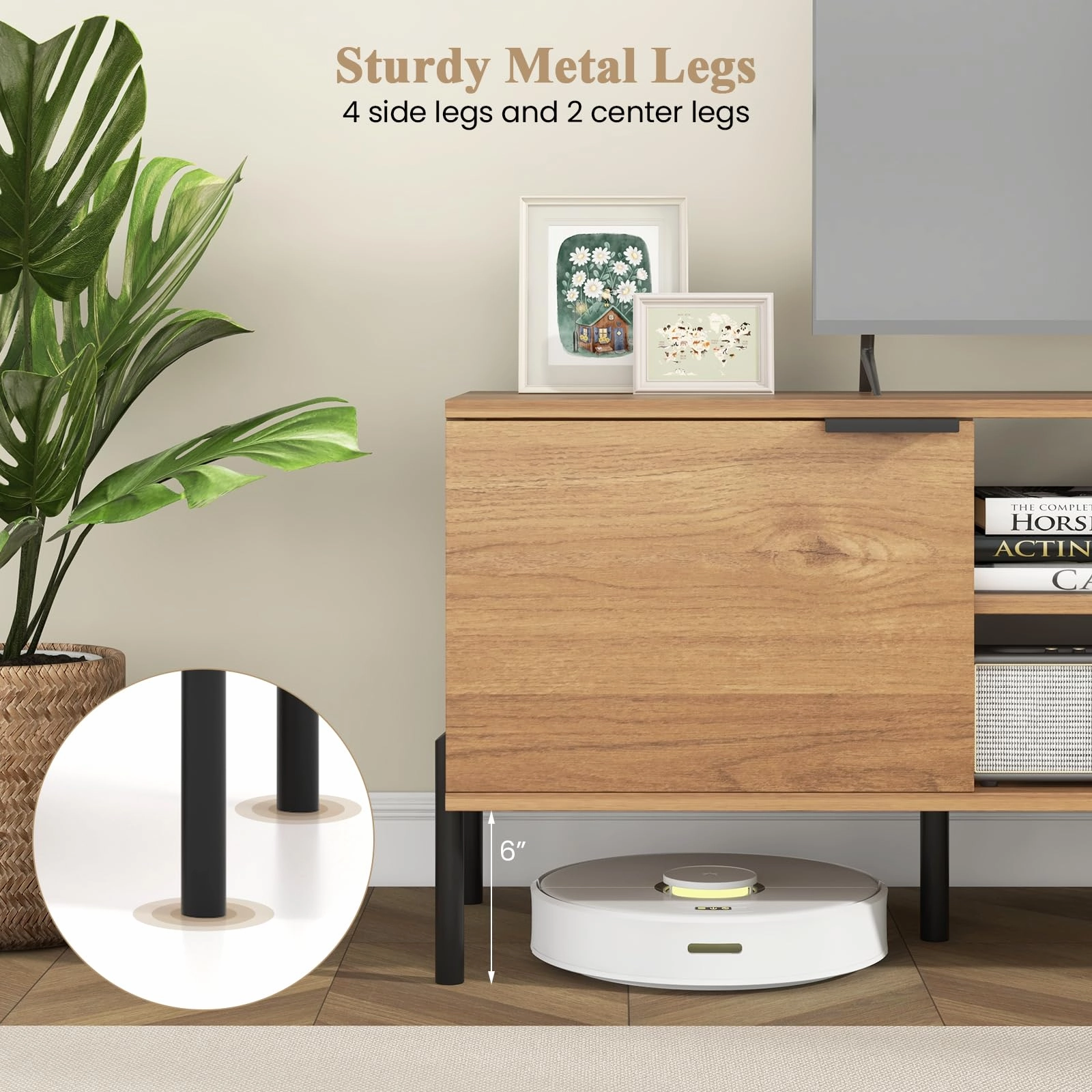 Giantex TV Stand for TVs up to 65, Entertainment Center with Charging Station, 2 Cabinets, Open Shelves, 6 Sturdy Metal Legs
