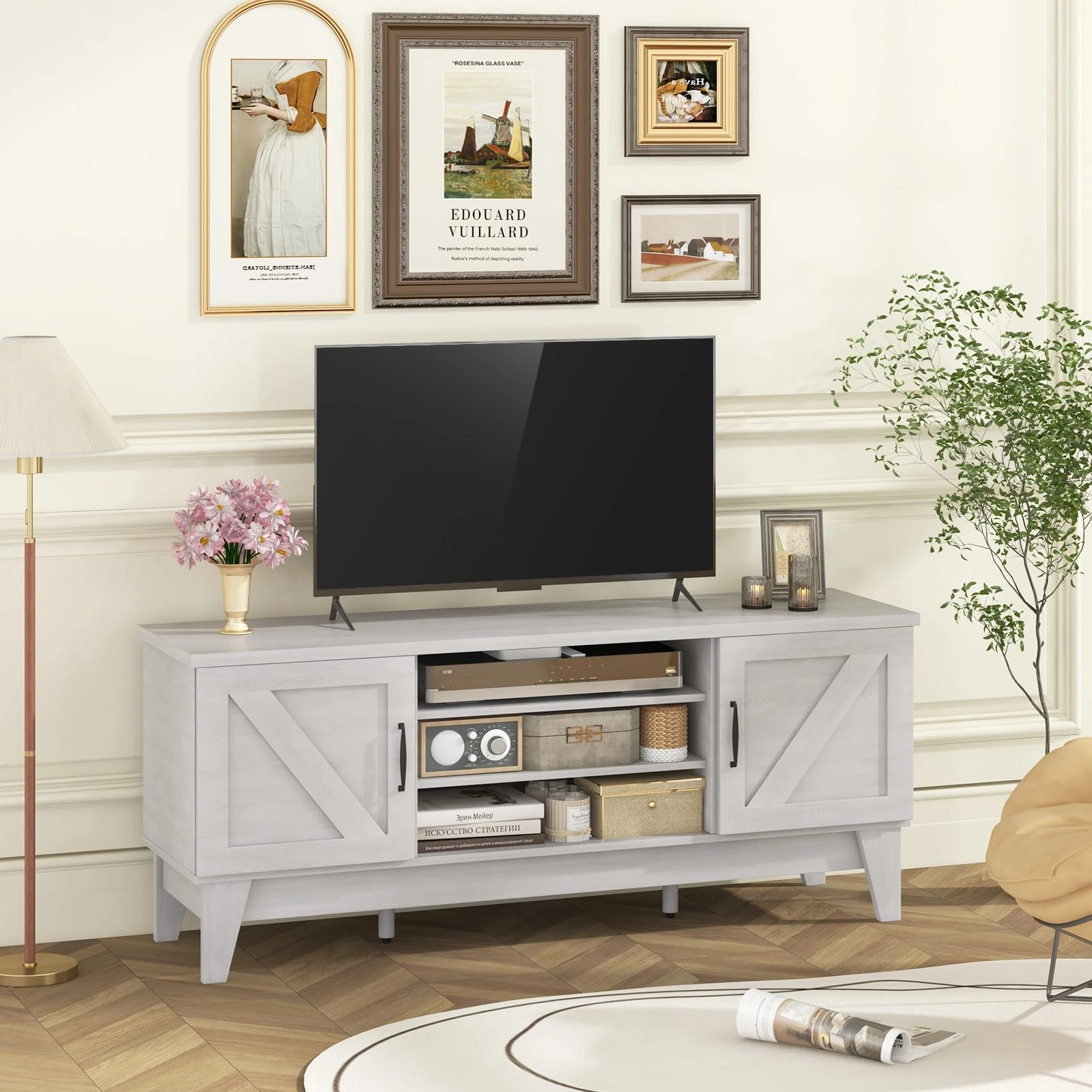 Giantex TV Stand for TVs Up to 65 Inches, 59 Entertainment Center with 2 Barn Door Cabinets, 4 Adjustable Shelves